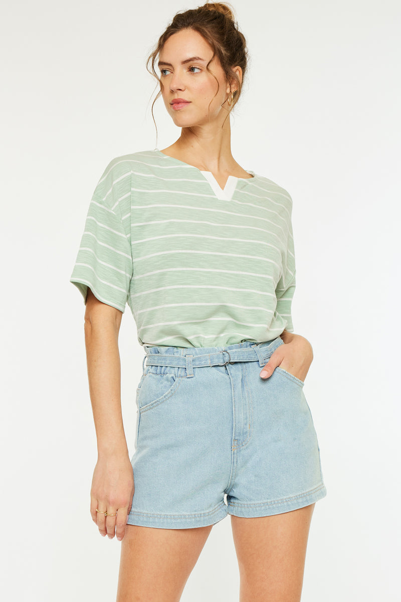 Eliana Ultra High Rise Belted Paperbag Shorts for Women - Trendy Stretch Denim Shorts with Adjustable Waistband - Perfect for Summer, Casual Outfits, and Beach Vacations