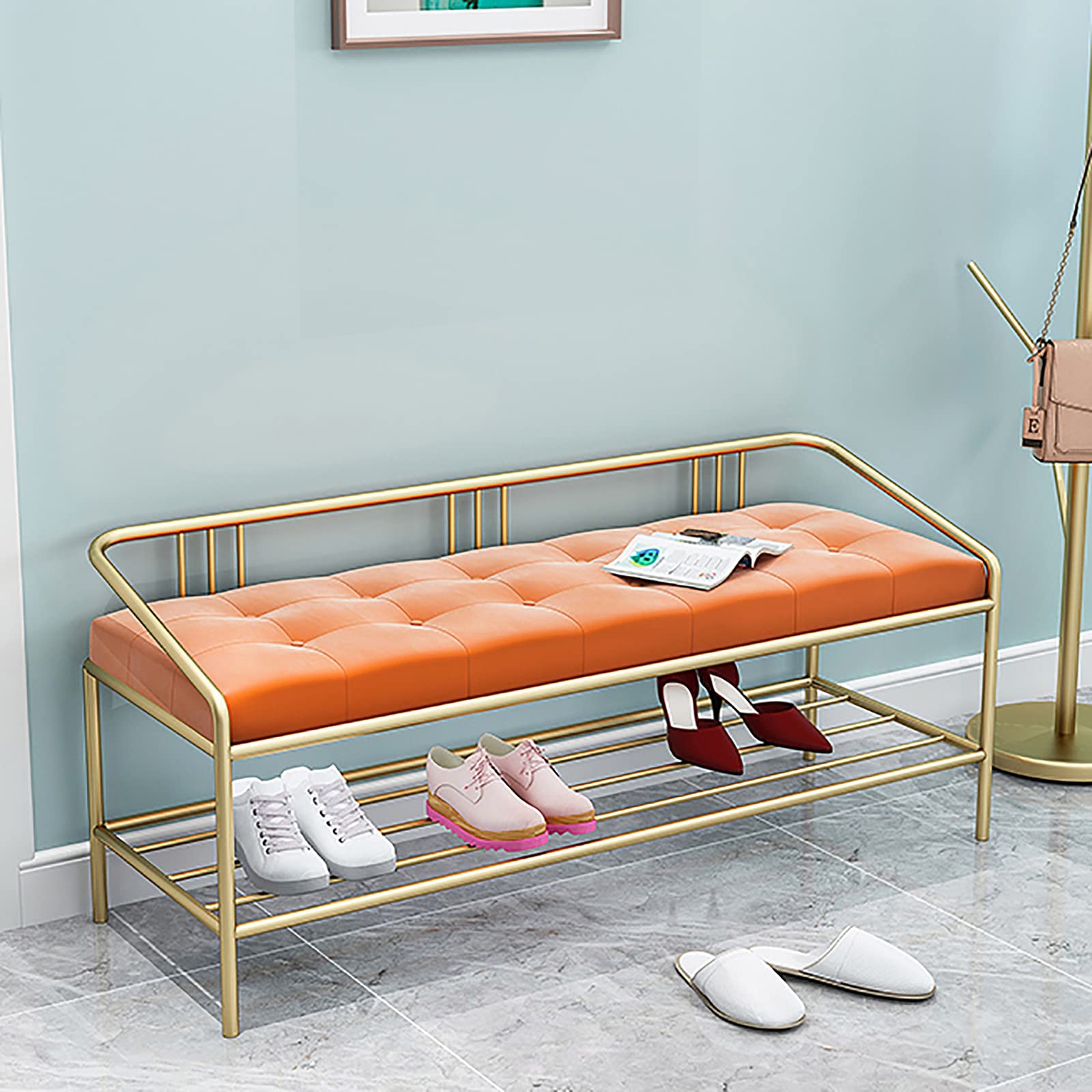 Luxury Entryway Shoe Bench with Storage - Modern Velvet Upholstered Shoe Rack Organizer - Sturdy Metal Frame Shoe Shelf Bench Seat - 60x35x45cm (24x14x18inch) - Perfect for Hallway, Porch, Bedroom & Entryway Organization