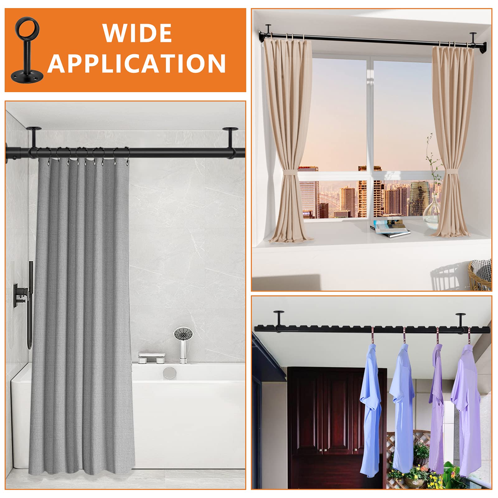 2 Pack 1 Inch Heavy Duty Stainless Steel Ceiling Mount Curtain Rod Brackets - Matte Black Flange Closet Rod Holder & Shower Curtain Rod Socket for Bedroom, Bathroom, Closet Organization