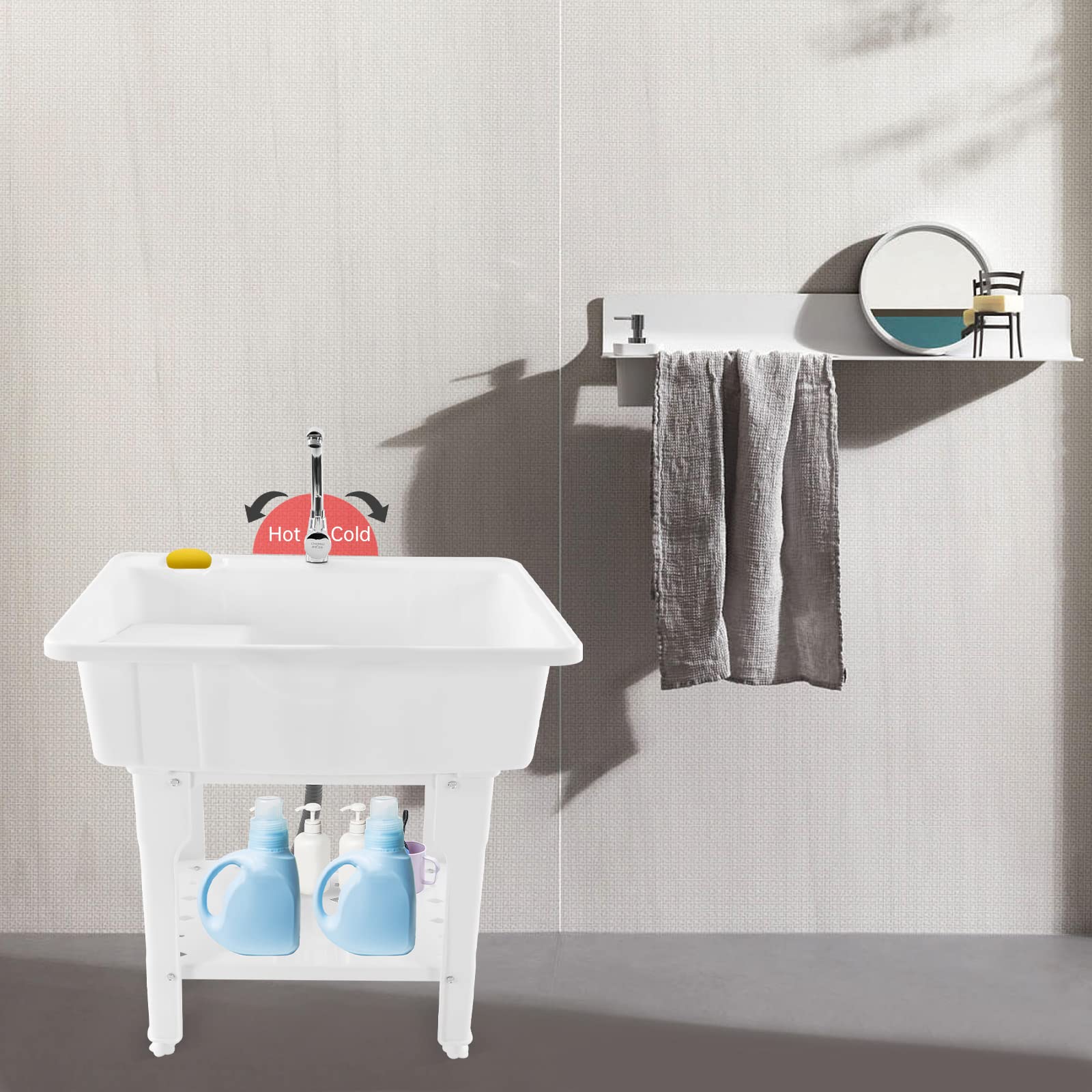 **Freestanding Plastic Laundry Sink with Faucet & Storage Shelf – Durable Utility Tub for Laundry Room, Garage, Basement & Outdoor Use – White (Indoor/Outdoor Wash Tub for Cleaning, Gardening & DIY Projects)**