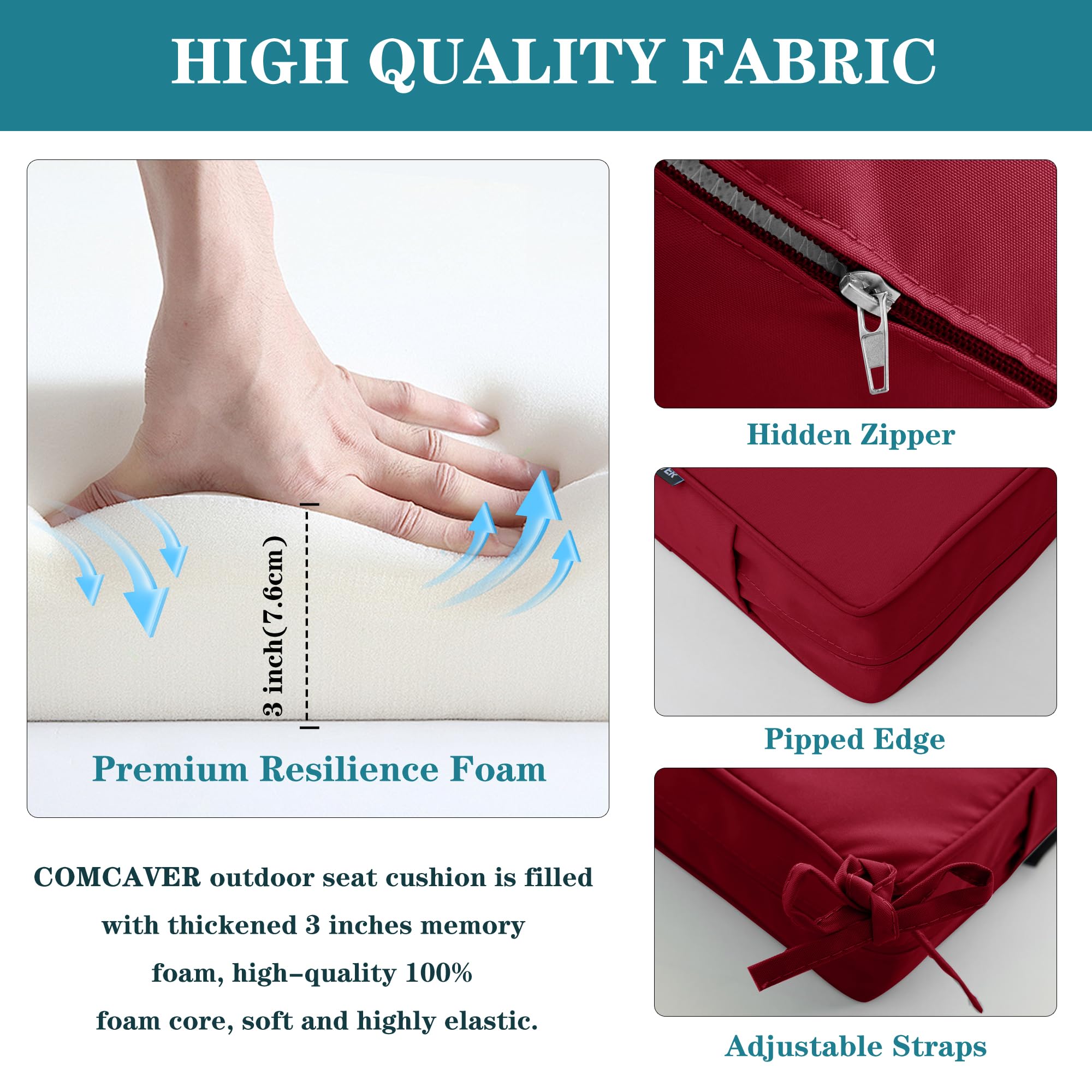 45 x 18 Inch Waterproof Outdoor Bench Cushions - Thick Patio Swing Cushion with Ties, Durable 5-Year Color Fastness (Burgundy) - Perfect for Porch, Garden & Backyard Furniture