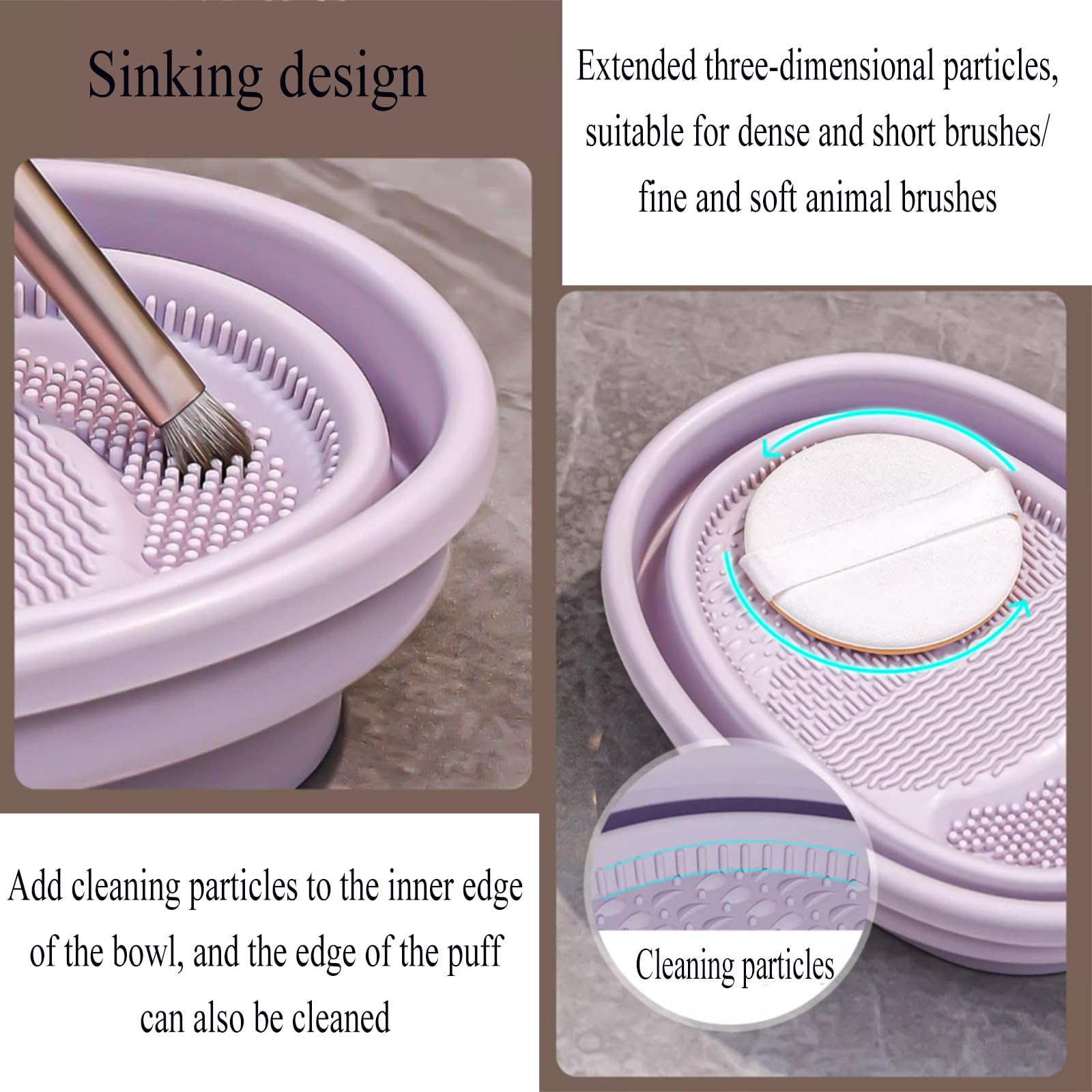 3-in-1 Foldable Silicone Makeup Brush Cleaner Mat - Cosmetic Brush Scrubber Bowl for Cleaning, Organizing & Drying | Portable Makeup Brush Cleaning Tool for Travel & Home Use (Purple)