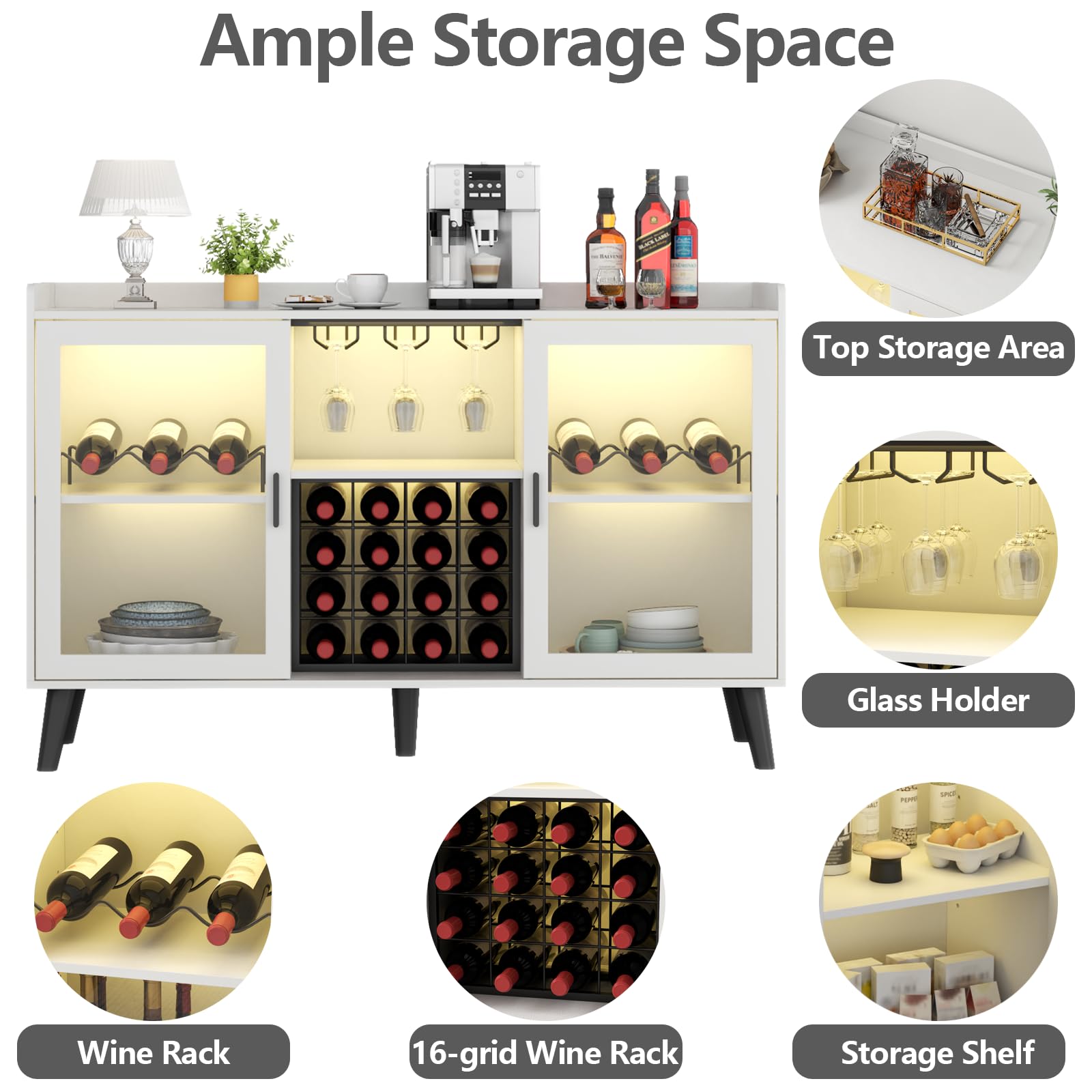 Modern Wine Bar Cabinet with LED Lights - Freestanding Kitchen Sideboard Buffet with Wine Rack, Glass Holder & Storage Shelves - White Glass Door Liquor Cabinet for Home, Dining Room & Entertaining Spaces