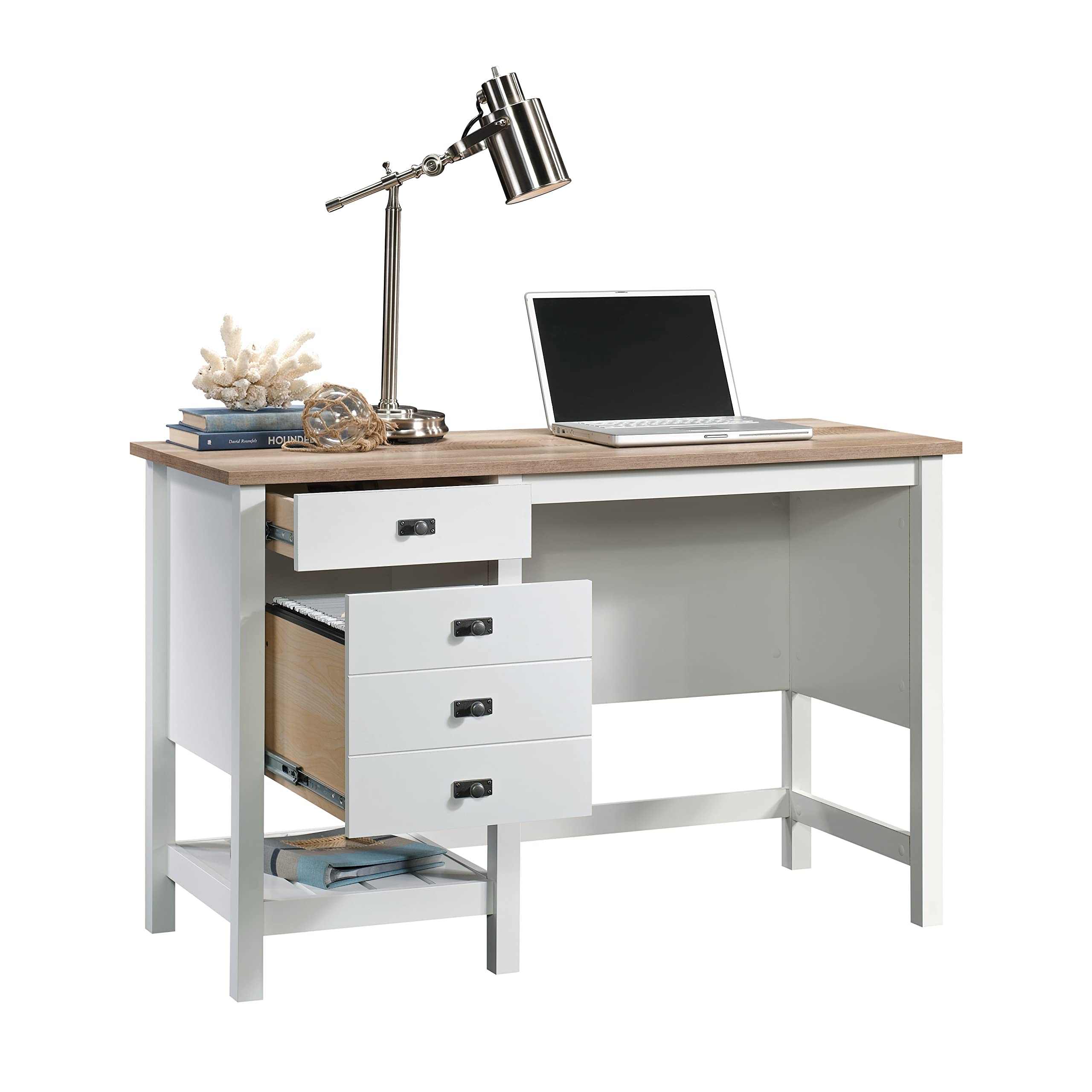 Sauder Cottage Road Coastal Single Pedestal Desk - Soft White Finish - Perfect for Home Office, Study & Small Spaces - Coastal Style Writing Desk with Storage