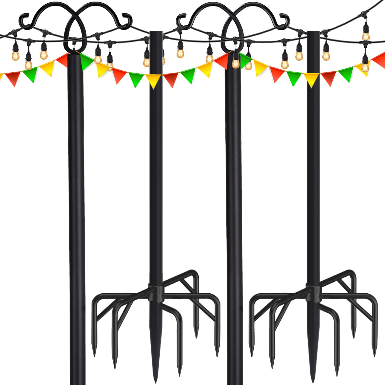 Adjustable 8.3ft Outdoor String Light Poles 2 Pack - Metal Stand with Hooks for Hanging Patio Lights, Garden & Backyard Decor - Perfect for Weddings, Parties & Outdoor Events (Black)