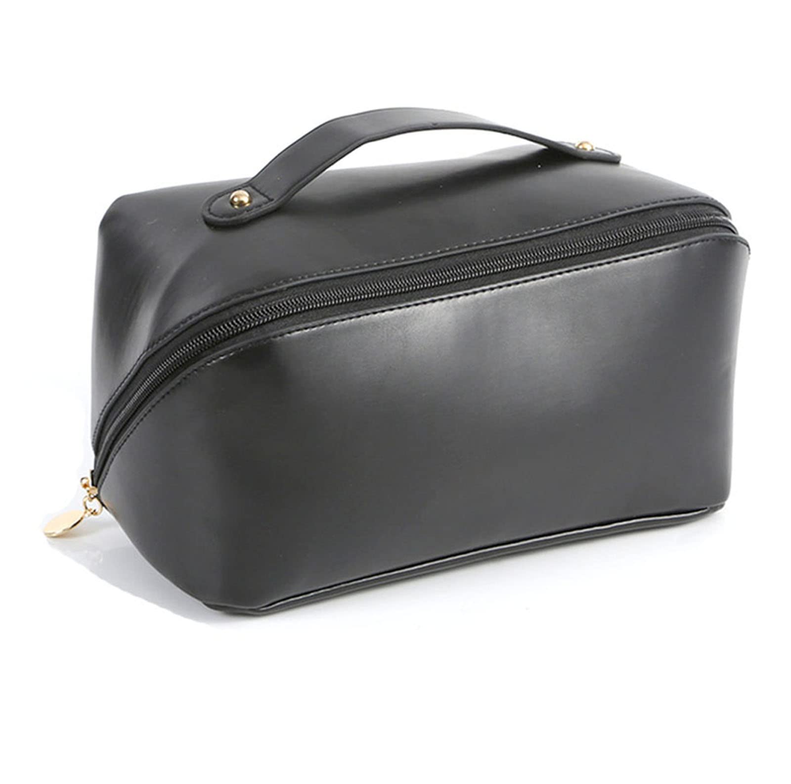 Large-Capacity Waterproof Travel Makeup Bag for Women - PU Leather Cosmetic Organizer with Handle & Divider - Perfect for Toiletries, Cosmetics & Travel Essentials (Black) | Ideal for Vacation, Business Trips & Daily Use