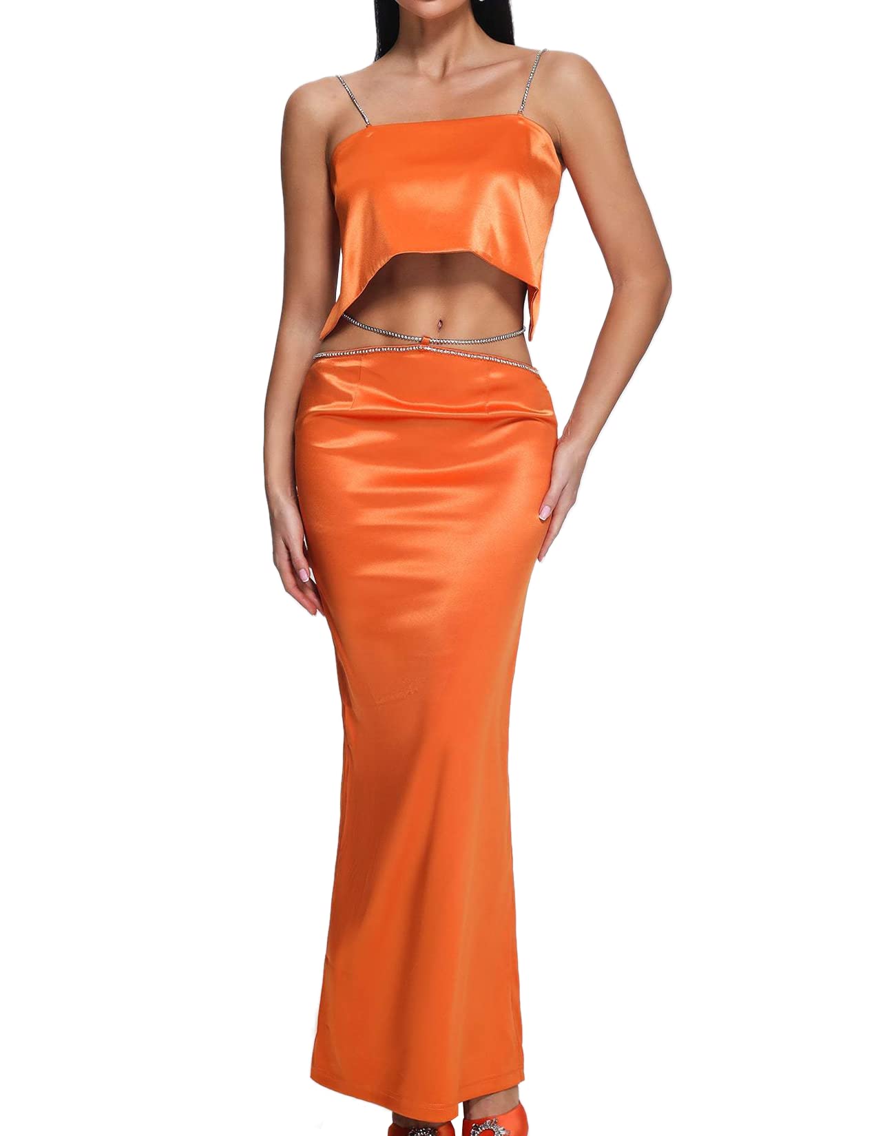 BELLA BARNETT Women's Orange Satin Pajama Set - Soft Two-Piece Lounge Outfit for Sleep, Relaxation & Home Comfort