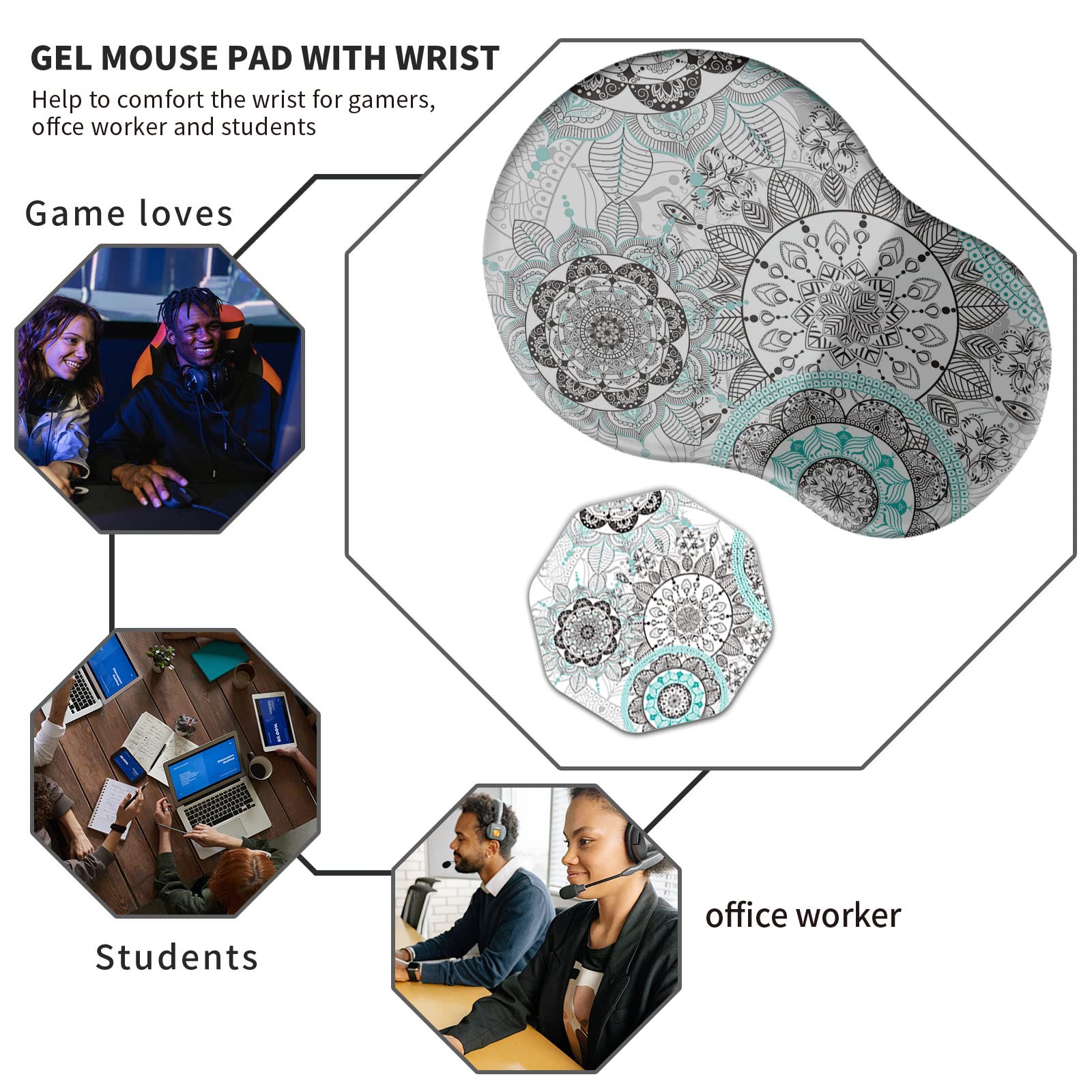 Ergonomic Mouse Pad with Wrist Rest - Thick Non-Slip PU Base for Pain Relief & Carpal Tunnel Support | Includes Cup Coasters | Perfect for Office, Gaming & Home Computer Use | Cyan Mandala Design