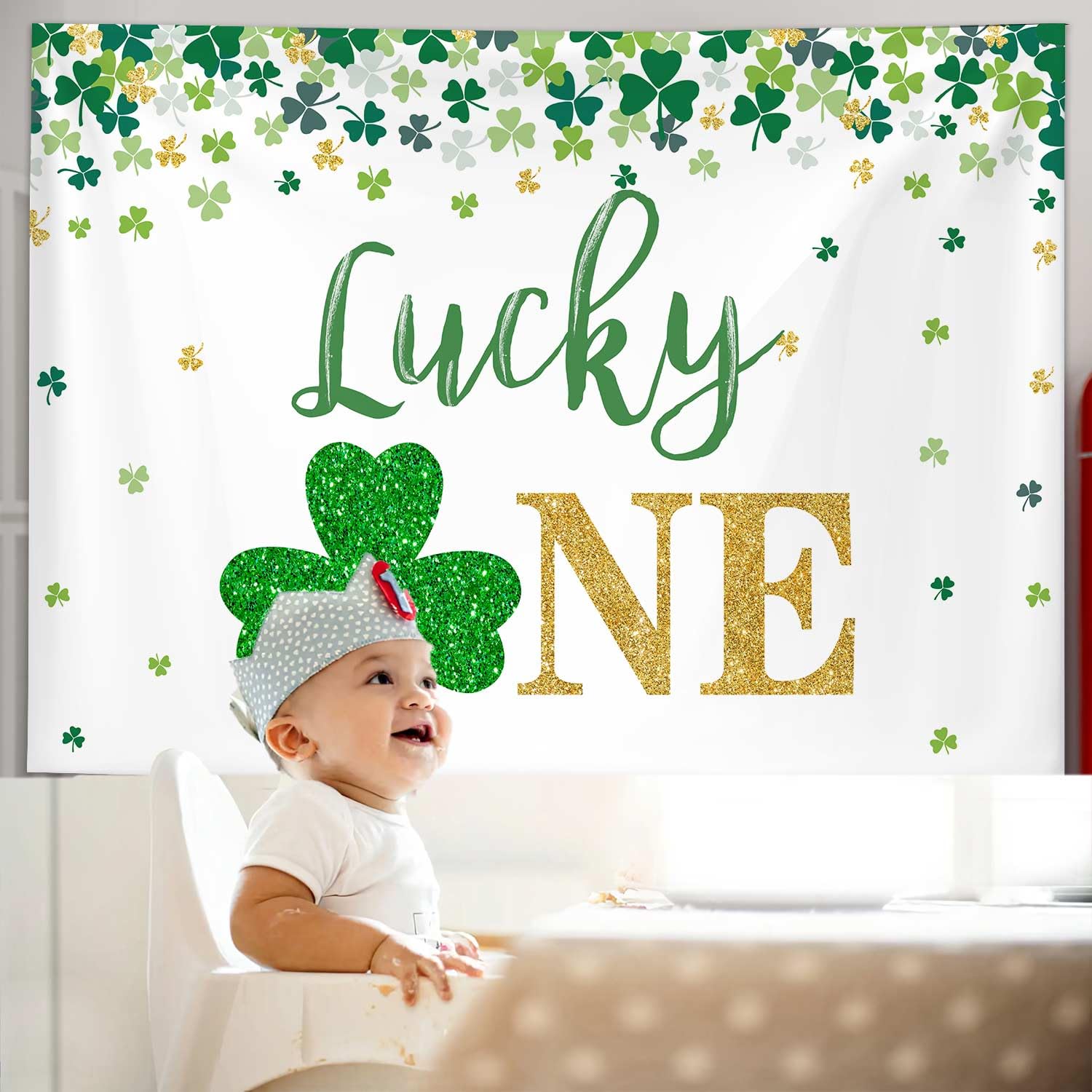 MEHOFOND 7x5ft St. Patrick's Day Happy First Birthday Party Backdrop - Green & Gold Shamrock Irish Decorations for Photography, Cake Smash, Baby Shower & Spring March Celebrations - Lucky One Banner Photo Background Props