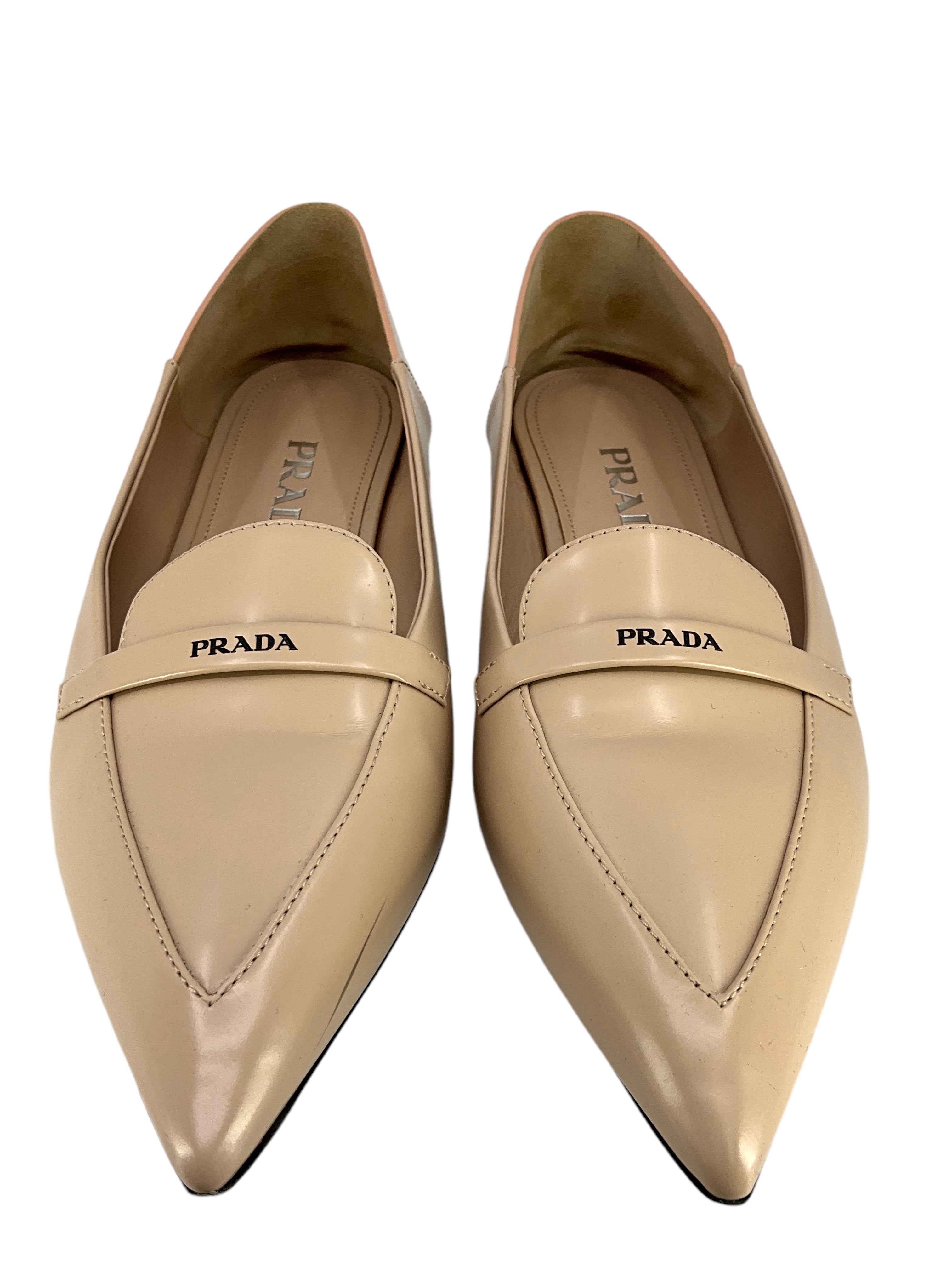 PRADA Leather Point Toe Logo Flats Women's Size 9.5 - Classic Luxury Loafers for Office, Business & Formal Occasions