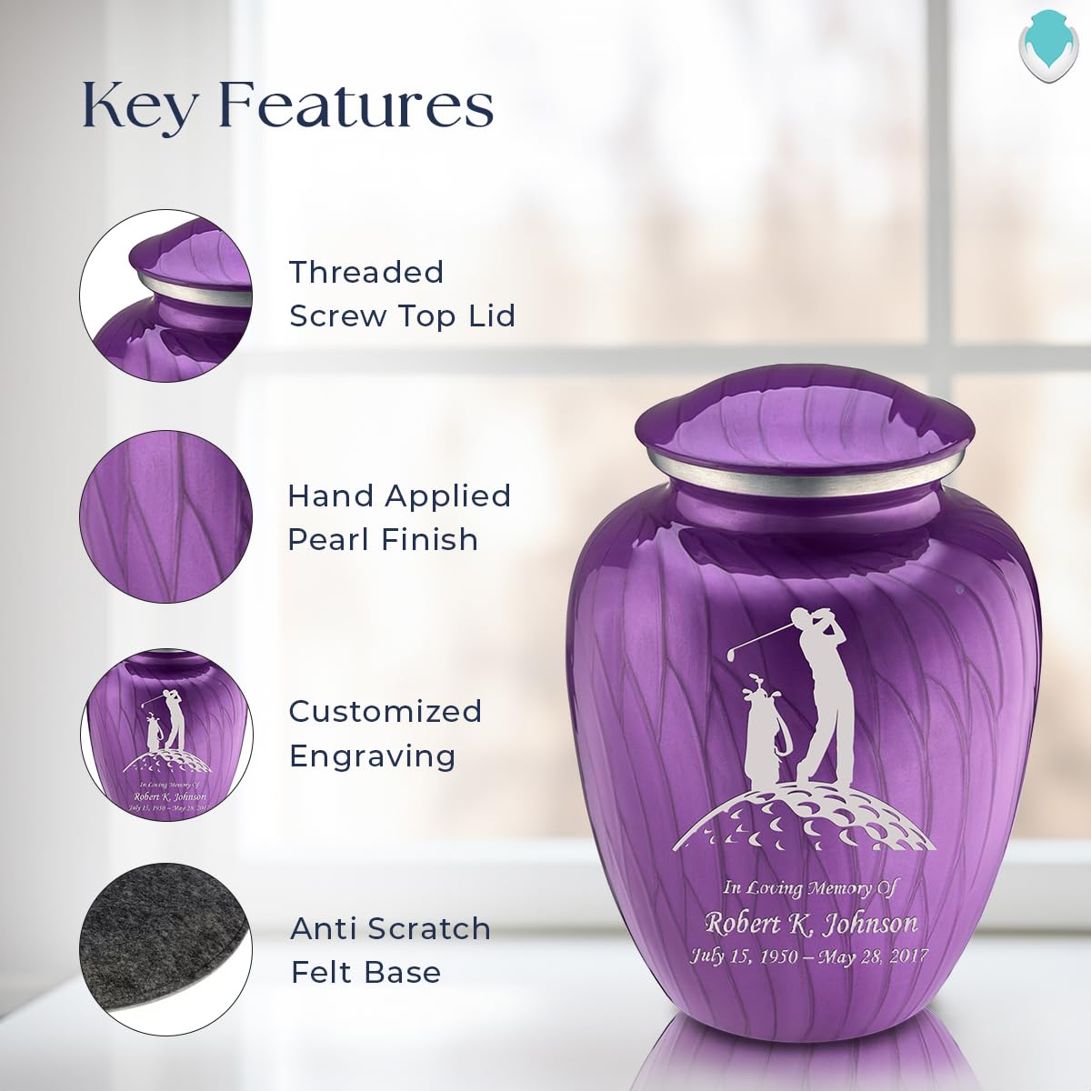 Personalized Golf Cremation Urns for Adults - Large Pearl Purple Funeral Urn for Men & Women with Double-Side Engraving (Holds 200 lbs) | Memorial Keepsake for Golf Lovers, Perfect for Home Display or Cemetery Placement