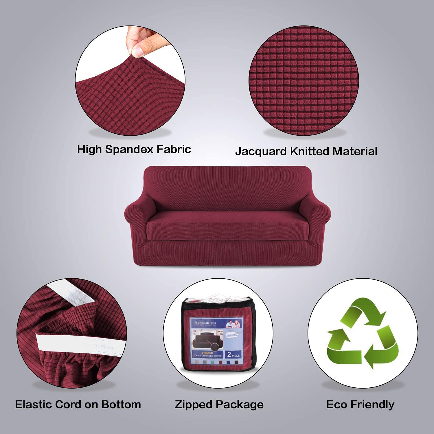 H.VERSAILTEX Stretch Sofa Covers for 3 Cushion Couch - 2 Piece Spandex Slipcover Set for Loveseat & Chairs (Burgundy) - Perfect for Living Room Furniture Protection & Style Upgrade