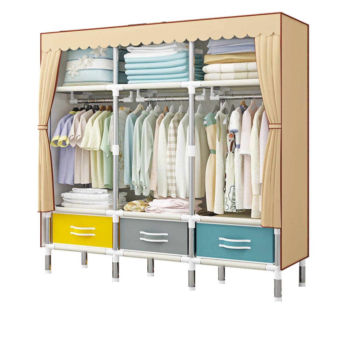 BYCDD Steel Pipe Cloth Wardrobe Organizer - Portable Shelves Cabinet for Bedroom Closet Storage (150x45x170cm, Brown) - Perfect for Organizing Clothes, Shoes, Hats & Scarves in Small Spaces & Dorm Rooms