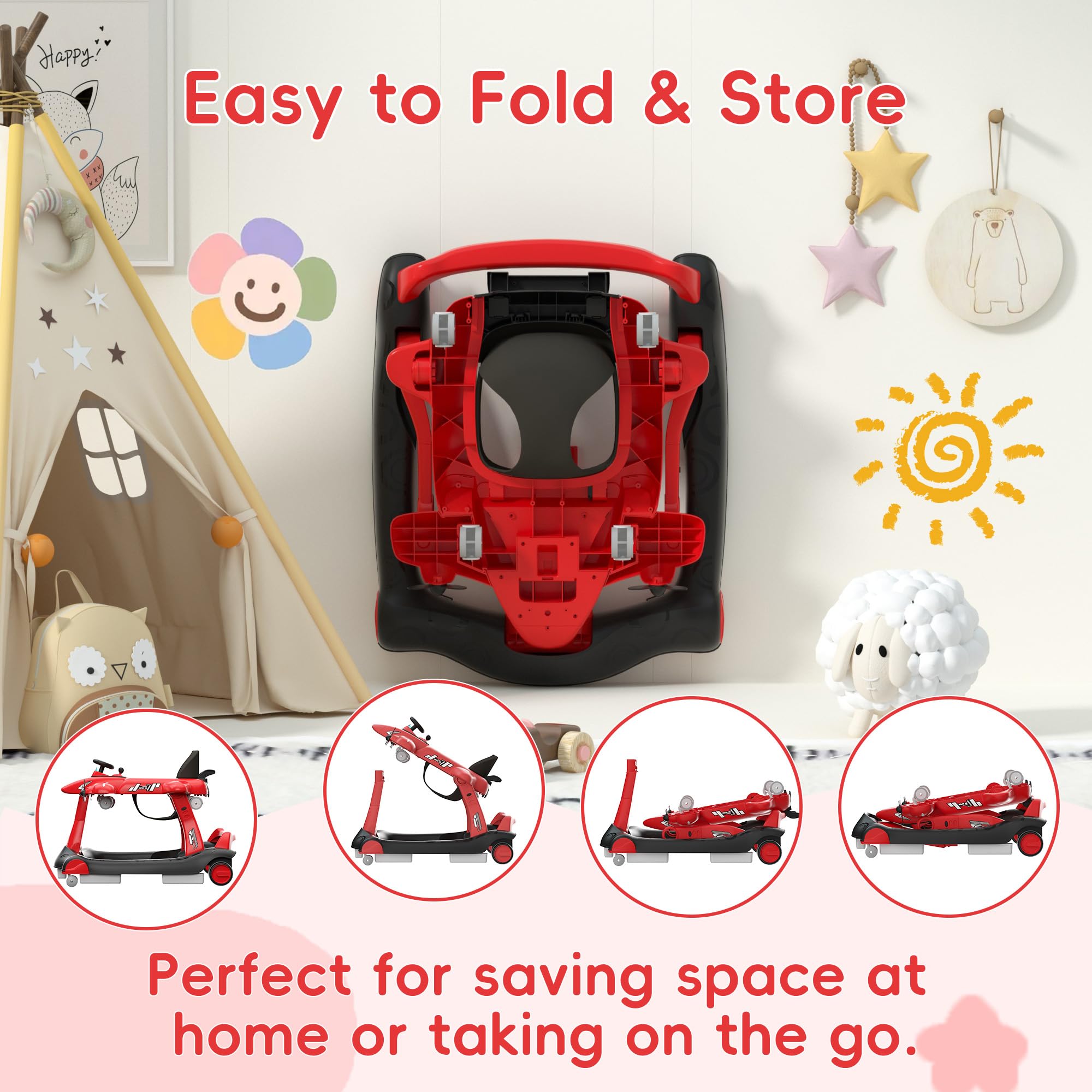 6-in-1 Foldable Baby Walker with Adjustable Height & Speed - Airplane-Themed Activity Push Walker with Music, Lights & Anti-Slip Wheels - Perfect for Boys & Girls 6-18 Months - Ideal for Learning to Walk, Indoor Play & Developmental Activities