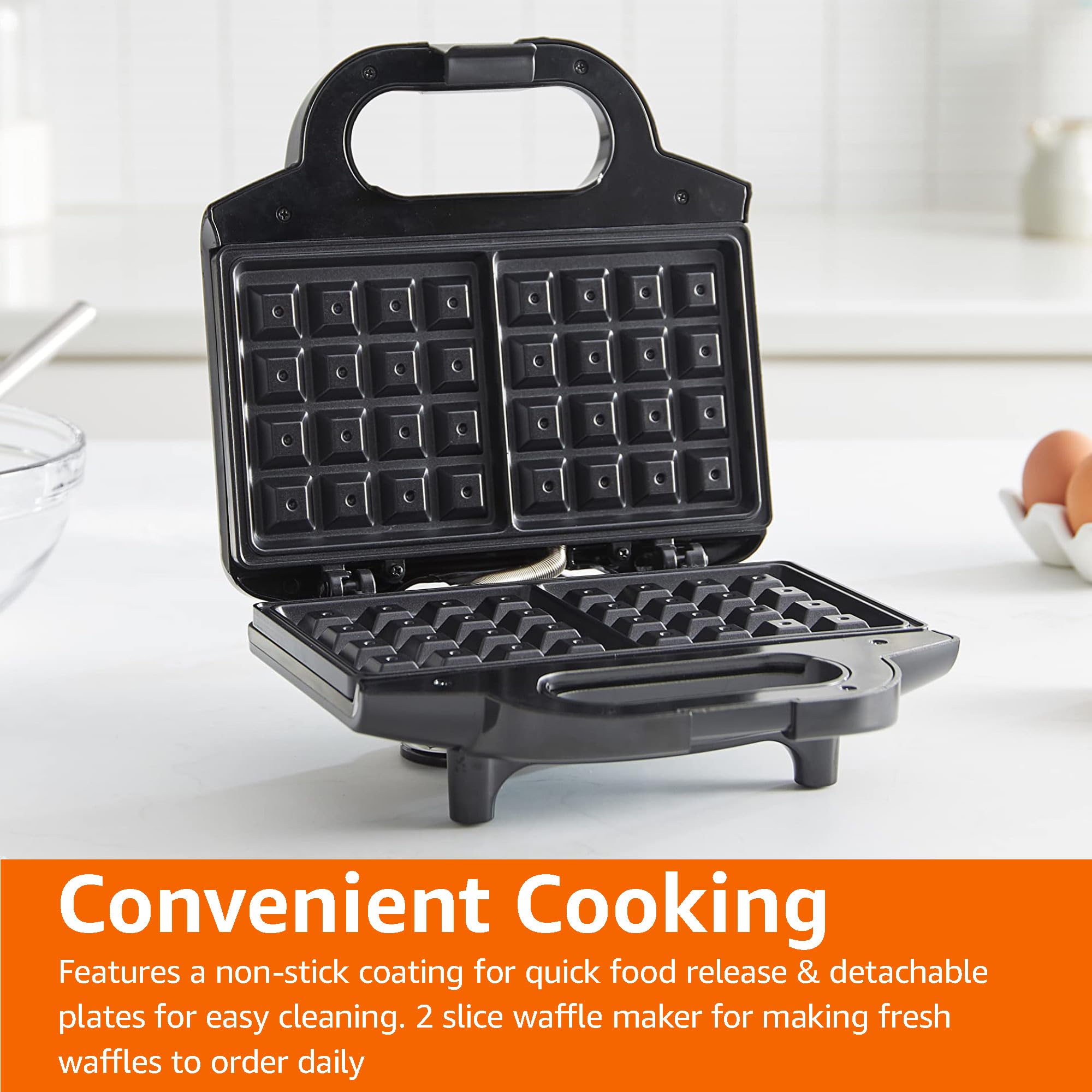 Amazon Basics 2-Slice Waffle Maker with Non-Stick Coating - 700W Fast Heating, Easy to Clean, Compact Design for Breakfast, Brunch & Family Cooking - Black