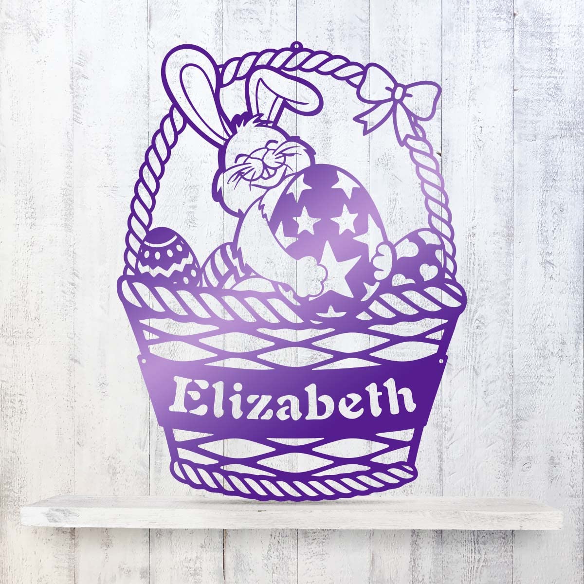 RealSteel Easter Bunny Monogram - Custom Spring Home Decor - Personalized Rabbit & Easter Egg Basket Wall Art - Cute Colorful Bedroom Decorations (18x13.5 Inches, Purple) for Easter Gifts, Nursery Decor, Spring Party Decorations