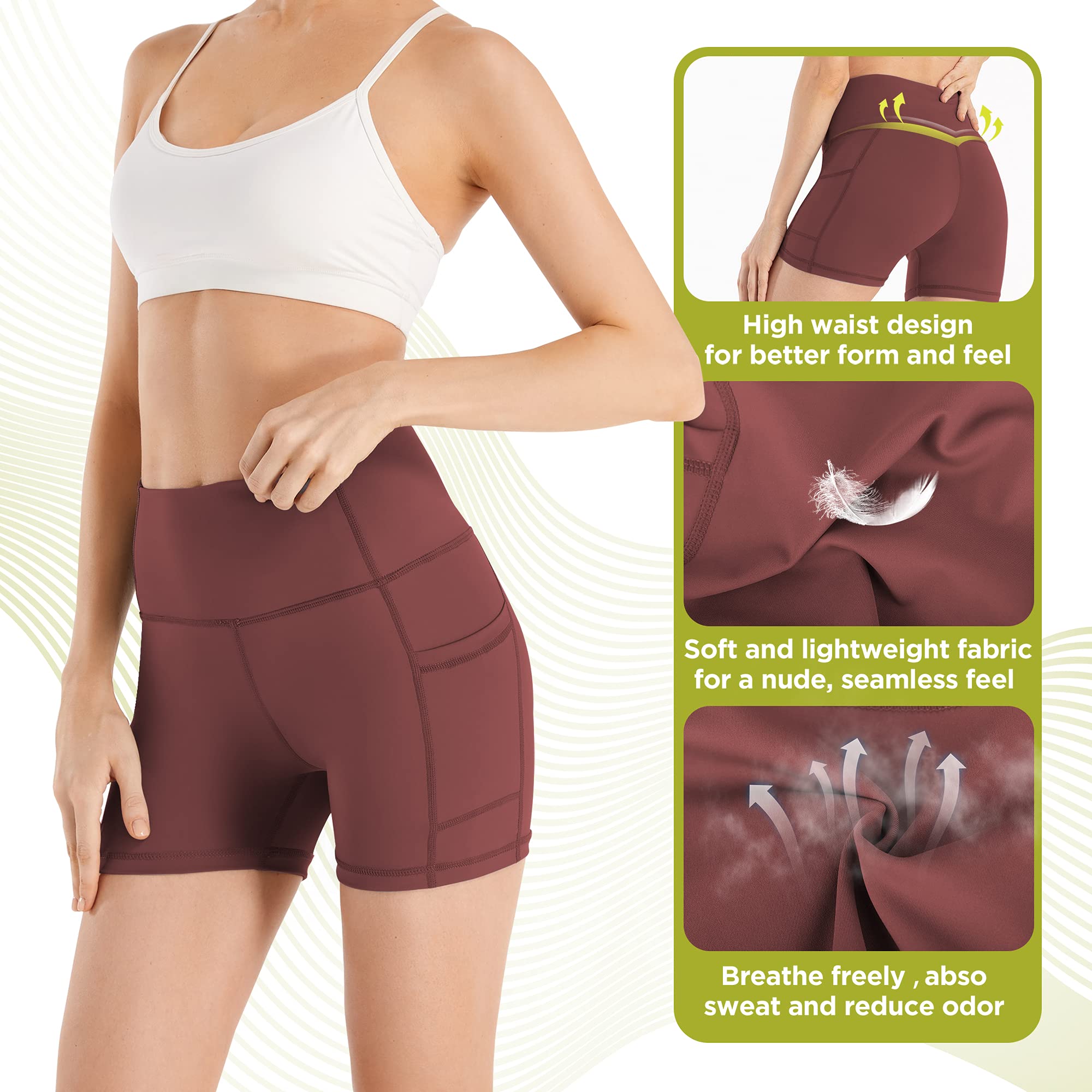 AKASO High Waist Yoga Shorts for Women - Running, Fitness, Cycling & Workout Compression Shorts with Pockets & Tummy Control - Maroon - Perfect for Yoga, Gym, Pilates & Outdoor Activities