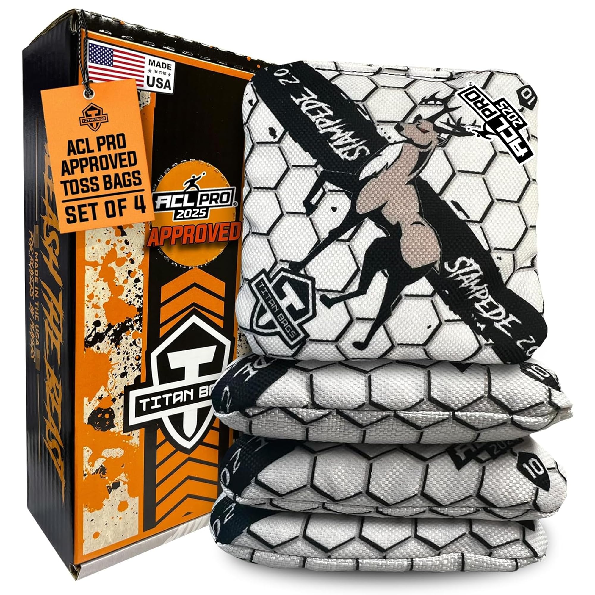 ACL PRO Approved Titan Bags Stampede 2.0 Cornhole Bean Bags - Professional Tournament Cornhole Bags Set of 4 - Durable & Weather-Resistant for Indoor/Outdoor Cornhole Games, Backyard Parties, Tailgating & Sports Events