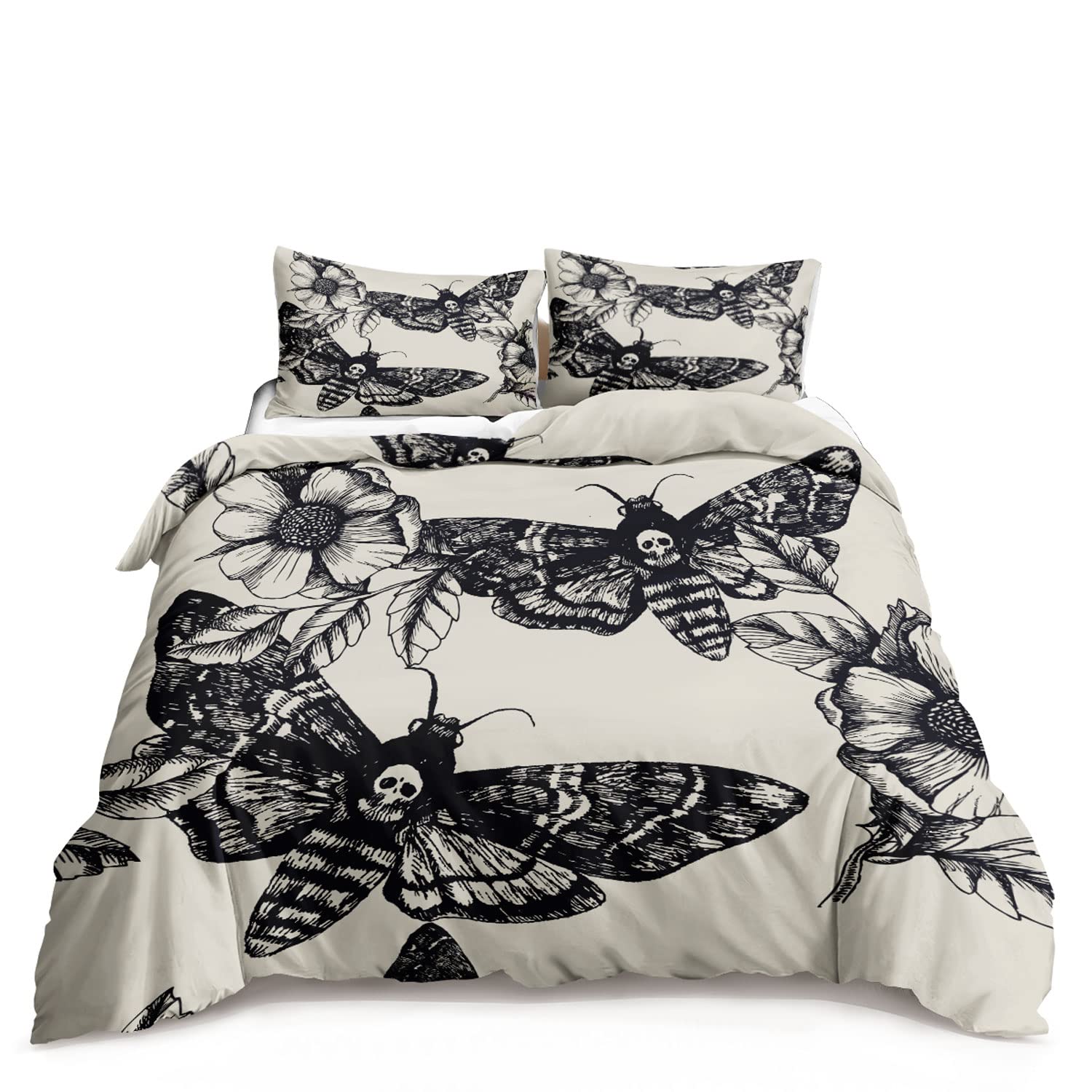 Stylish Death Moth & Skull Print Bedding Set - Halloween Themed Comforter Cover for Teens (No Comforter Included) - Perfect for Gothic Room Decor & Spooky Sleepovers