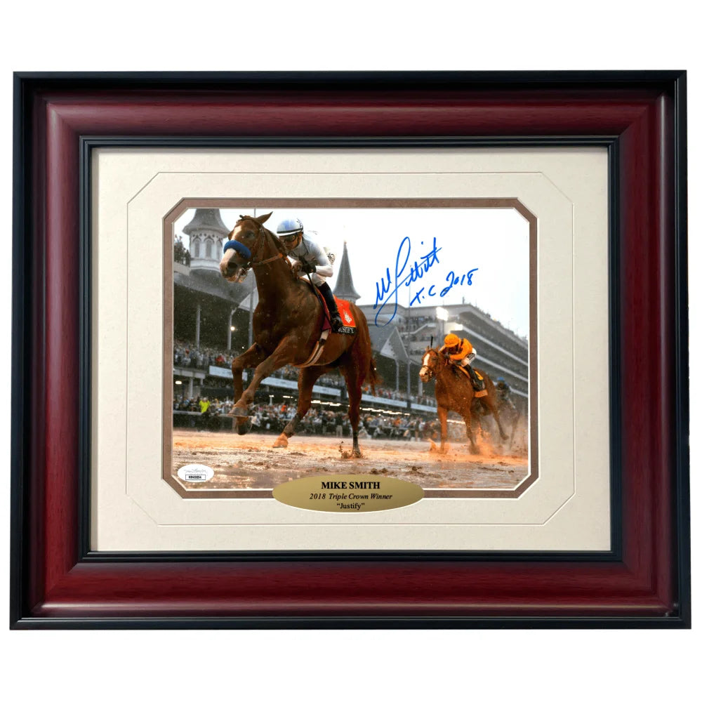 Mike Smith Autographed Justify Horse Racing 8x10 Photo - Framed Collectible with JSA COA - Perfect for Sports Memorabilia Displays & Man Cave Decor