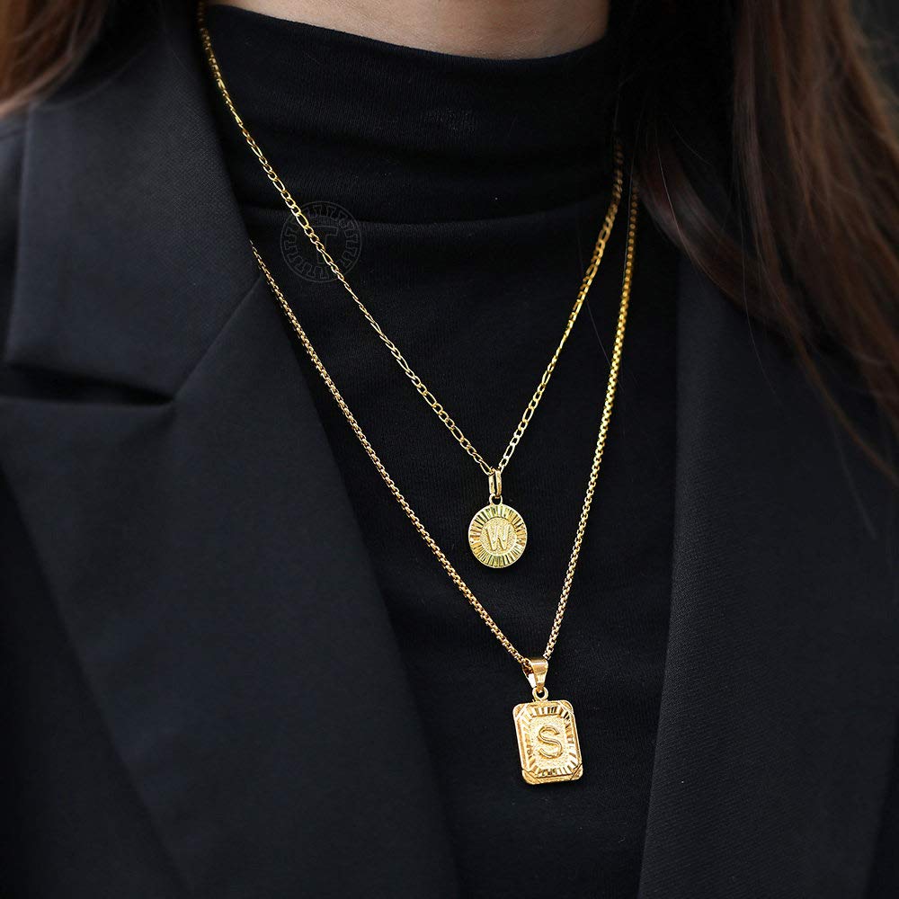 Trendsmax Gold Plated Initial Necklace for Women - Round Letter Pendant A-Z with Figaro Chain, Perfect for Birthday Gifts, Anniversary Presents & Everyday Jewelry