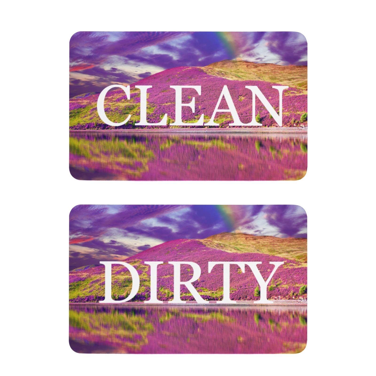 Qilmy 2-Pack Clean & Dirty Dishwasher Magnets for Refrigerator - Strong Magnetic Kitchen Signs for Home, School & Classroom - Rainbow Purple Sky Mountain Design - Perfect for Organizing Kitchen Appliances & Teaching Kids Responsibility