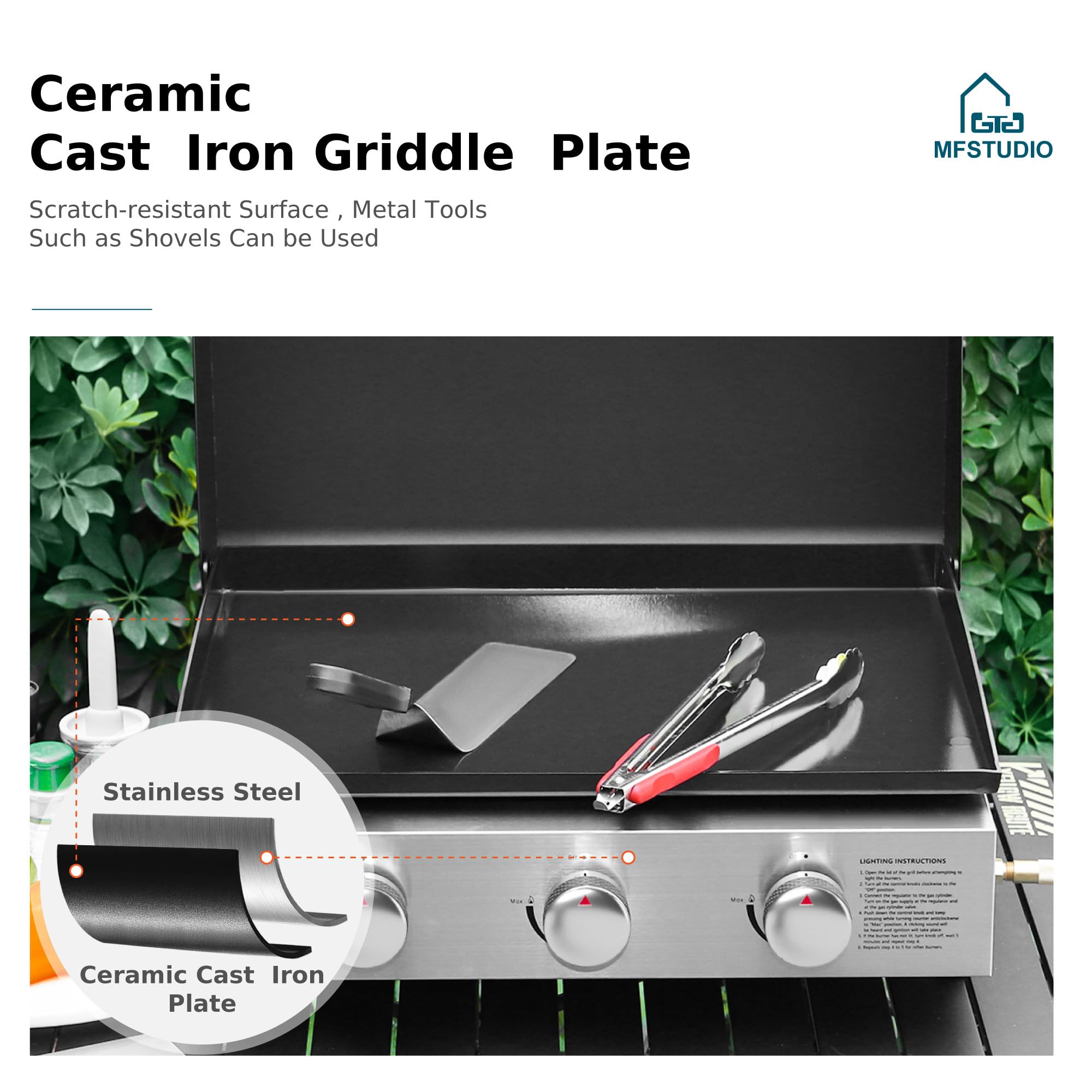 MFSTUDIO 22 Inch Flat Top Grill with Ceramic Coated Cast Iron Pan - 3 Burner Portable Tabletop Propane Gas Griddle - 24,000 BTU for Camping, Outdoor Cooking, Tailgating & Backyard BBQ - Perfect for Pancakes, Burgers, Steaks & Family Gatherings