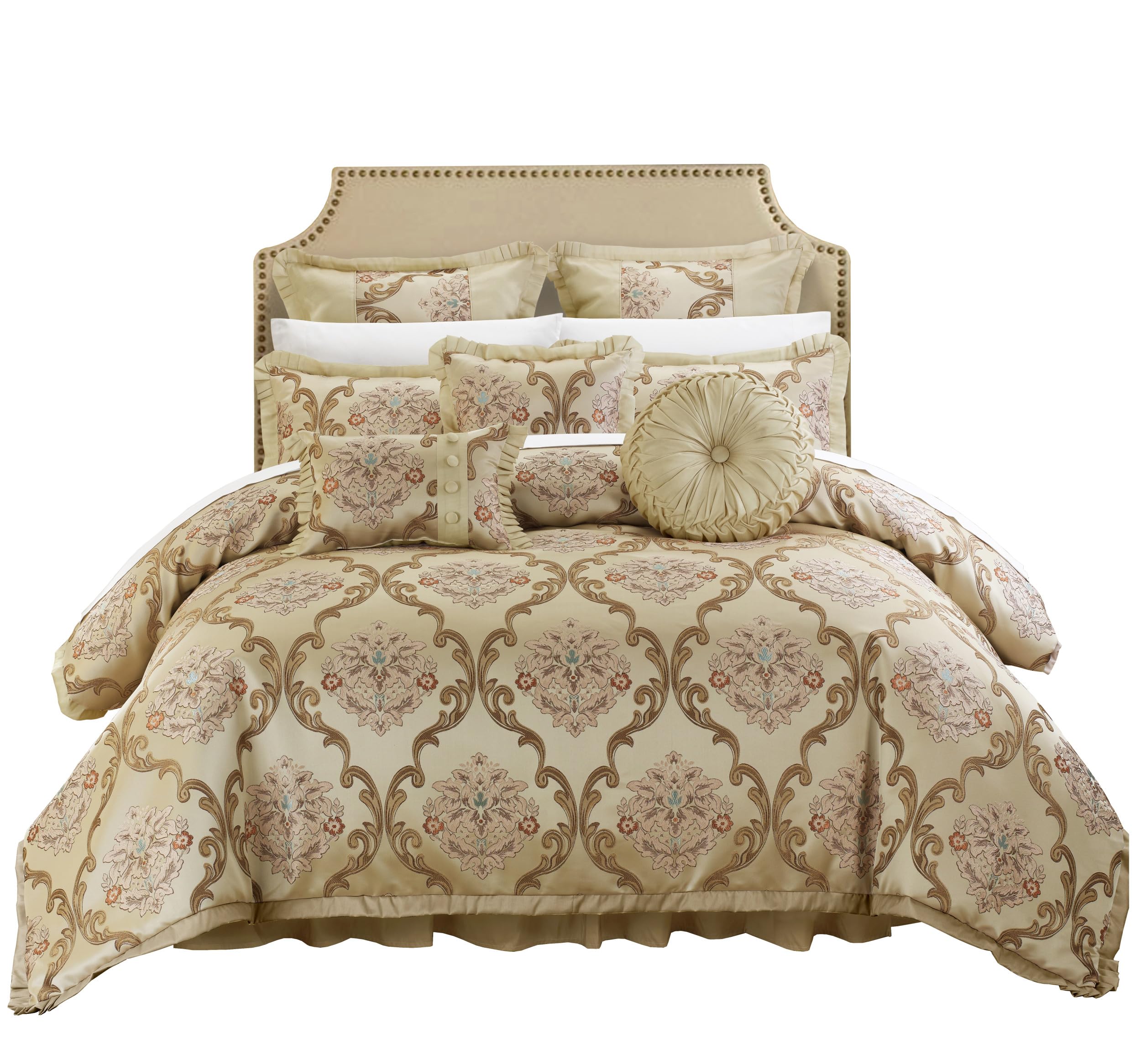 Chic Home Aubrey King Size Comforter Set with Bed Skirt, Shams & 3 Decorative Pillows - Hypoallergenic Jacquard Bedding in Beige | Perfect for Master Bedroom, Guest Room & Luxury Hotel Decor