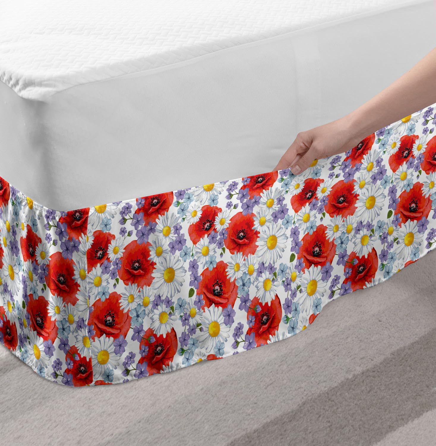 Ambesonne Floral Bed Skirt - Purple Poppy & Daisy Wildflowers Design, Elastic Wrap Around Gathered Bedroom Decor for Full Size Beds - Perfect for Spring/Summer Bedroom Makeovers & Guest Room Styling
