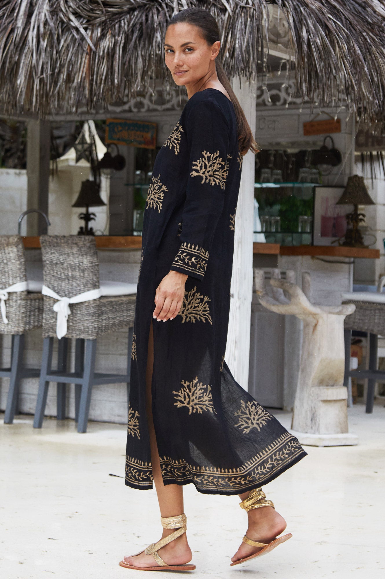 Guadalupe Maxi Tunic Dress for Women - Elegant Black & Gold Floral Print Long Tunic Top - Perfect for Boho Style, Beach Cover Up, or Casual Summer Outfits