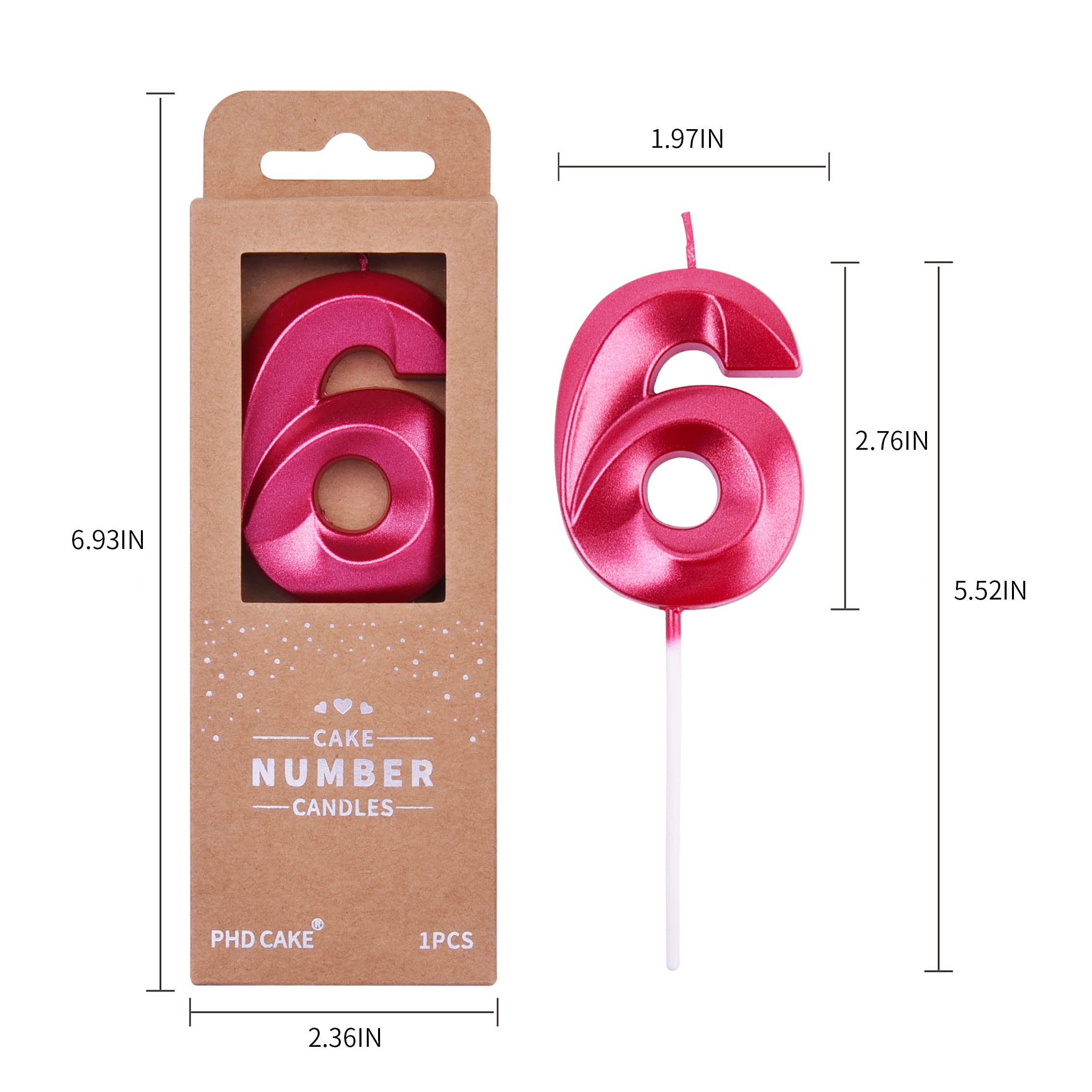 PHD CAKE 2.76 Inch Diamond Red Number 6 Birthday Candles - Premium Red Number Cake Candles for Birthday Party Decorations & Celebration (Perfect for Cakes, Cupcakes, and Dessert Toppings)
