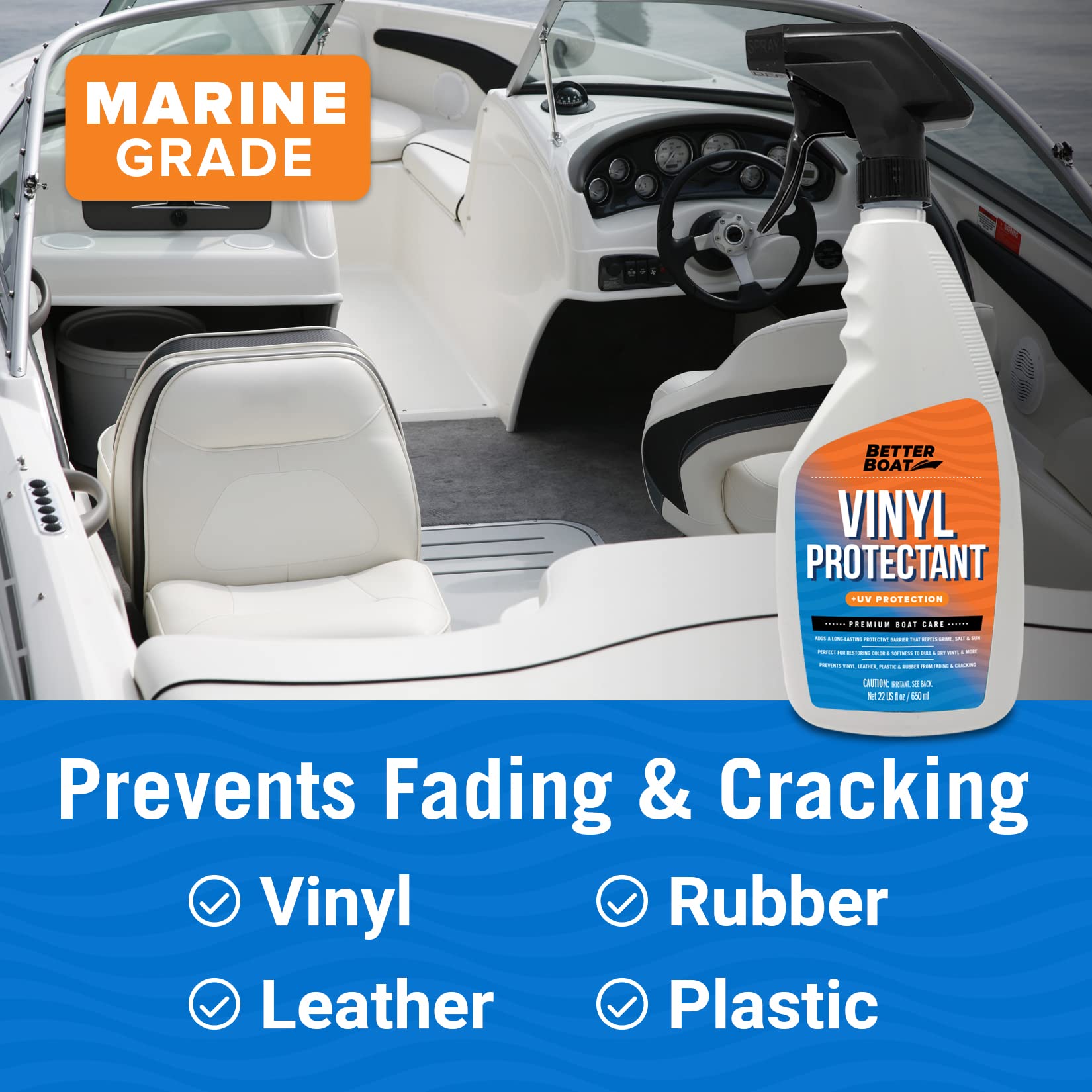 Premium Marine Vinyl Cleaner & Protectant - Boat Upholstery, Seat & Pontoon Interior Cleaner - Effective Boat Cleaning Supplies & Conditioner for Long-Lasting Shine - Ideal for Boats, Yachts & Marine Windows