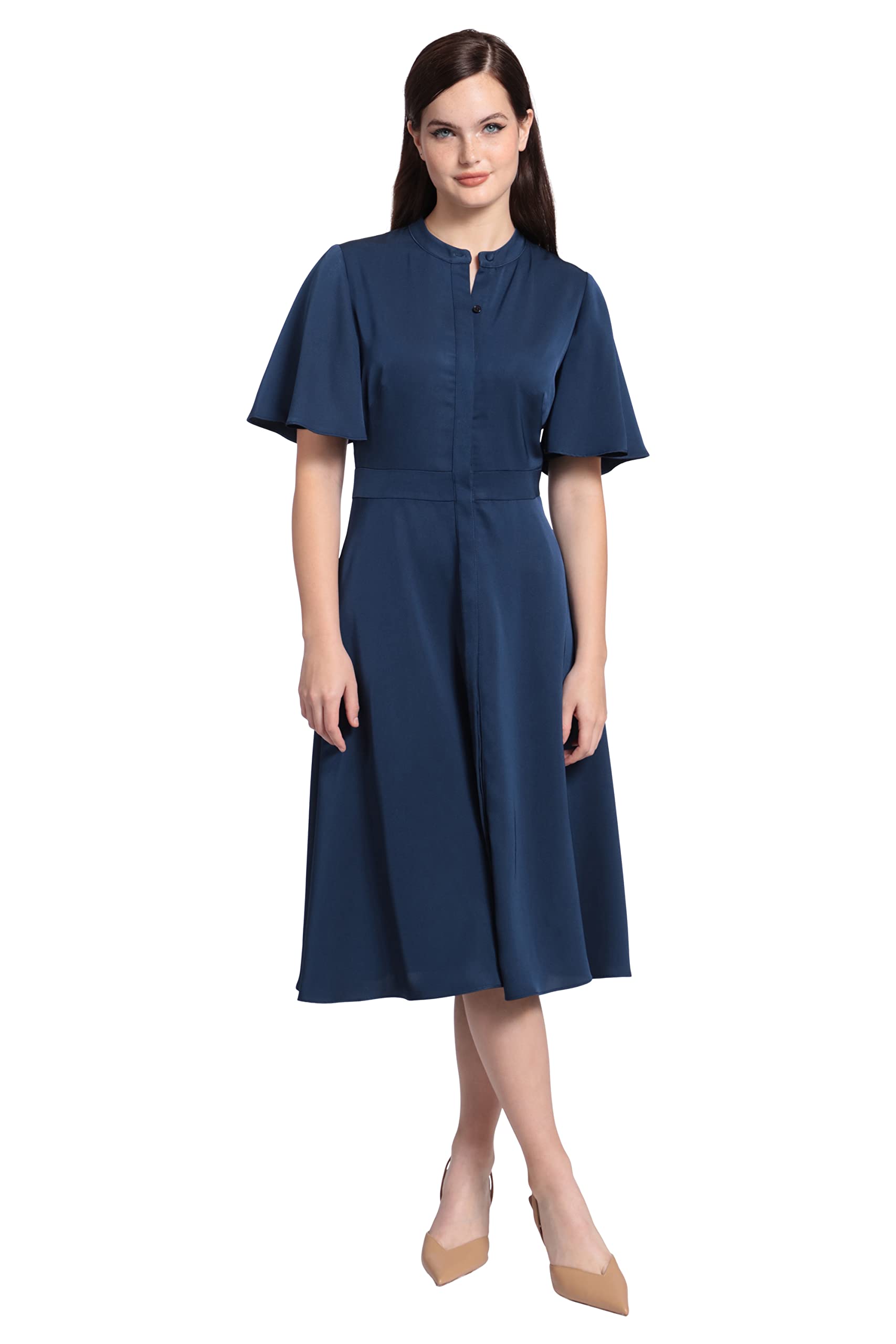 Maggy London Women's Stand Collar Bell Sleeve Midi Dress - Elegant Flowy A-Line Cocktail Dress for Parties, Weddings & Office Wear