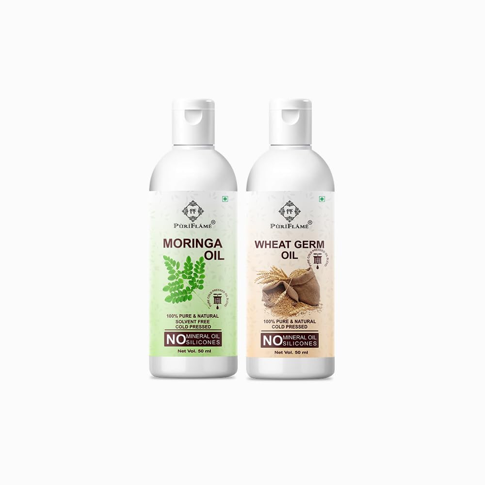 PuriFlame 100% Pure Moringa Oil & Wheat Germ Oil Combo (50ML Each) - Natural Hair Growth Treatment for Anti Hair Fall, Split Ends Repair, Soft & Shiny Hair - Perfect for Daily Hair Care & Scalp Massage (Pack of 2)