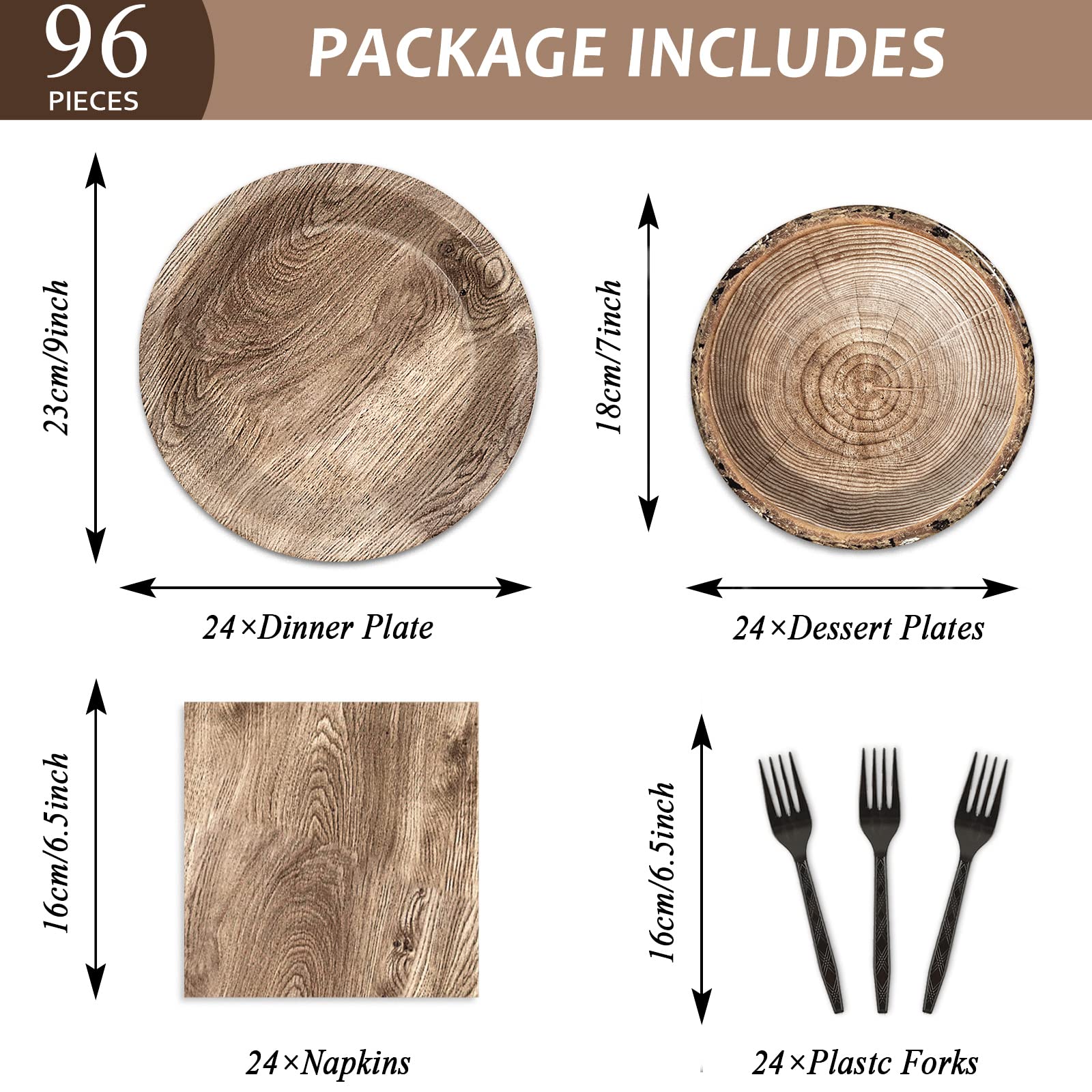 96-Piece Rustic Wooden Tree Party Tableware Set - Lumberjack & Camping Theme Disposable Plates, Napkins, Forks for 24 Guests - Perfect for Outdoor Weddings, Hunting Parties & Cabin Decorations