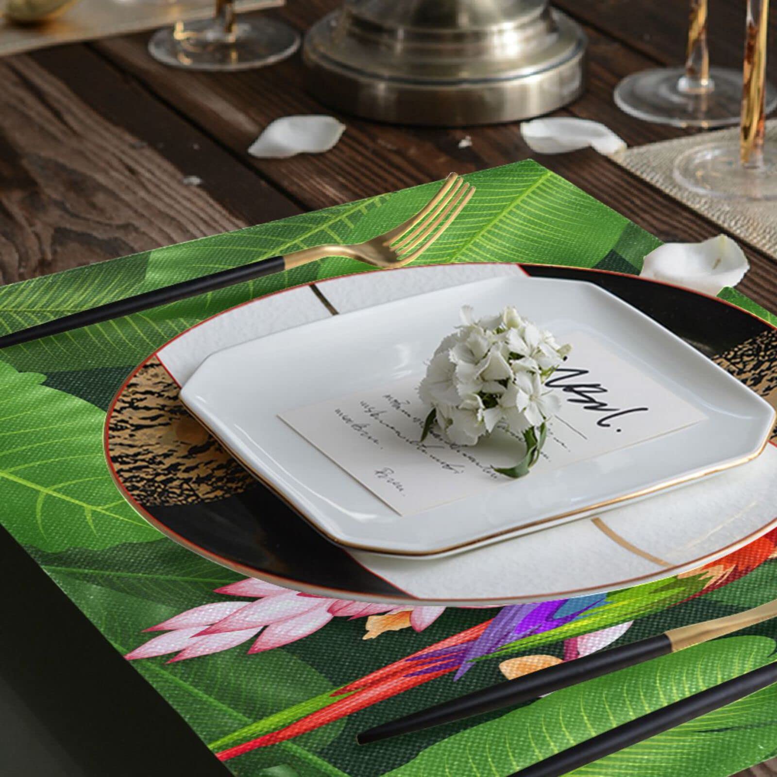 Tropical Palm Leaf Parrot Placemats Set of 4 - Washable & Heat Resistant 12x18 Inch Kitchen Table Mats for Dining Decor | Perfect for Summer Parties, Outdoor Picnics & Boho Home Decor