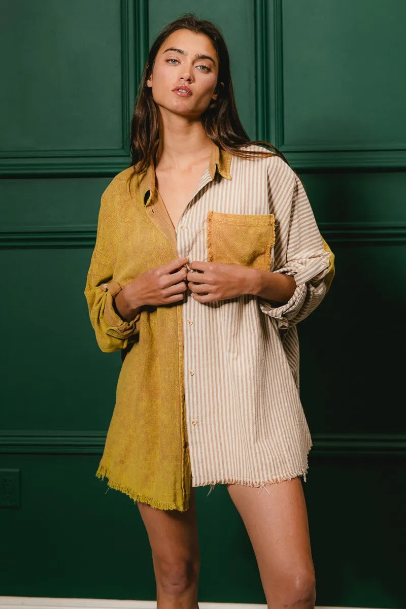 BiBi Washed Raw Hem Shirt - Trendy Distressed Denim Top for Women | Perfect for Casual Outings, Street Style & Layering