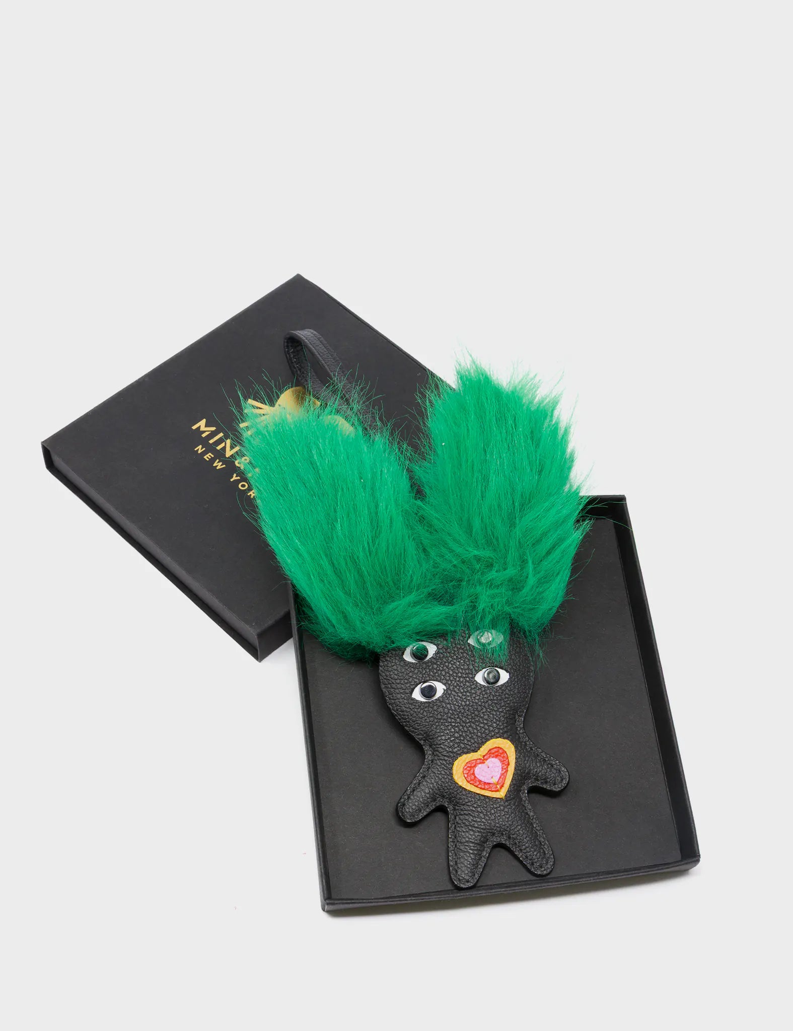 Fluffy Fella Black & Green Leather Bag Charm - Cute Keychain Accessory for Handbags, Backpacks & Luggage | Perfect Gift for Women & Girls