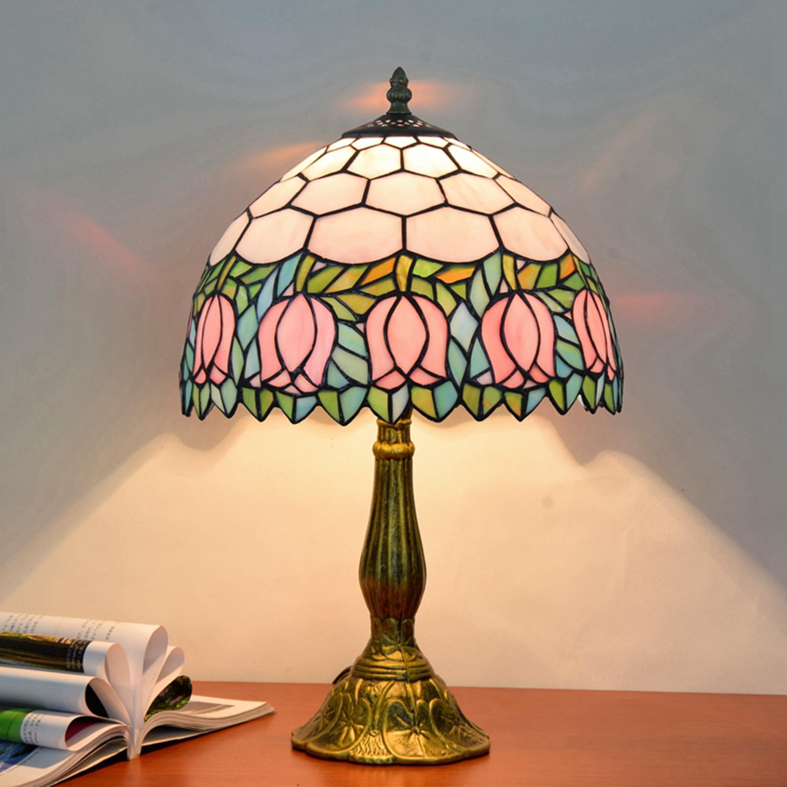 Tiffany Style Stained Glass Table Lamp - Pink Tulip Design for Bedroom, Living Room, Office & Dorm | 12x12x18 Inch with Bulb Included | Perfect for Reading, Decor & Housewarming Gifts