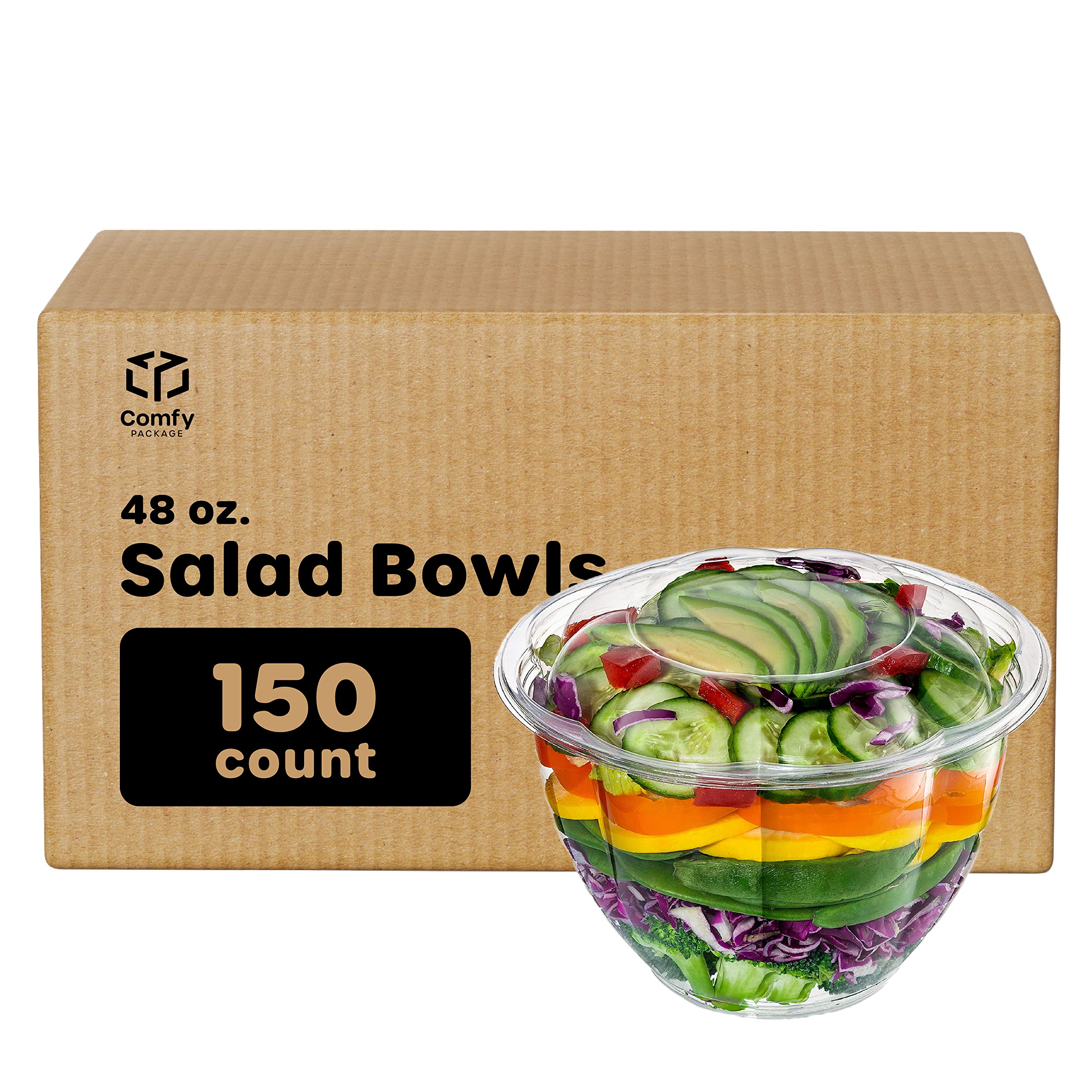 150-Pack 48oz Clear Plastic Salad Bowls with Lids - Airtight Food Storage for Picnics & Meal Prep