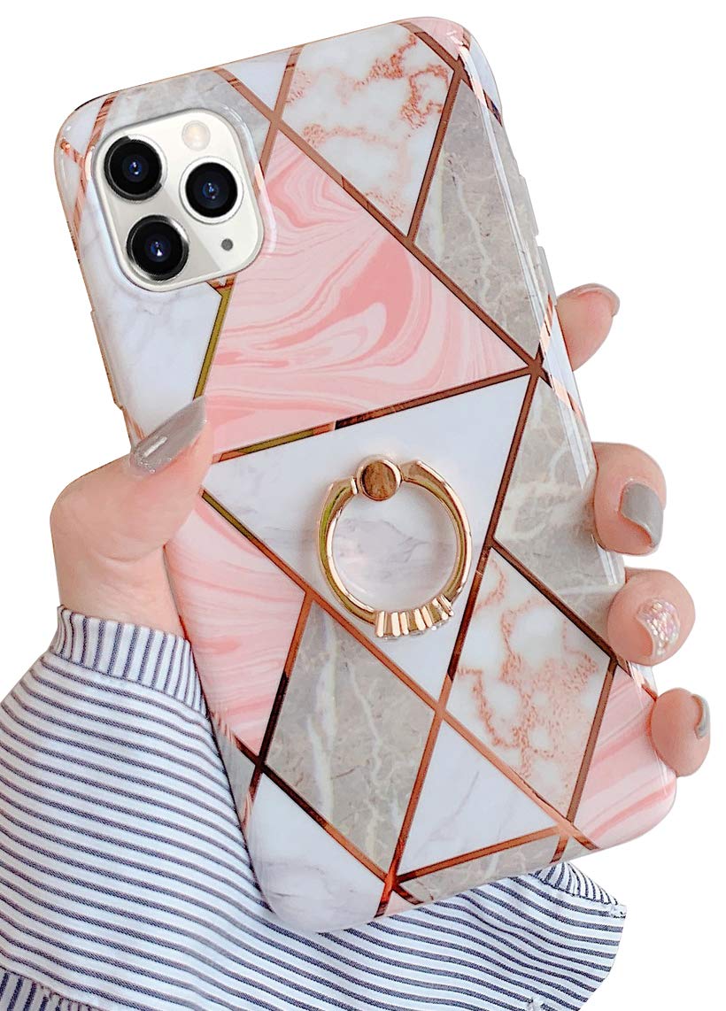 Qokey iPhone 11 Pro Max Case with Rotating Ring Stand - Shockproof Soft TPU Marble Design Cover for Women & Men - Perfect for Work, Travel & Daily Use (6.5 Inch)