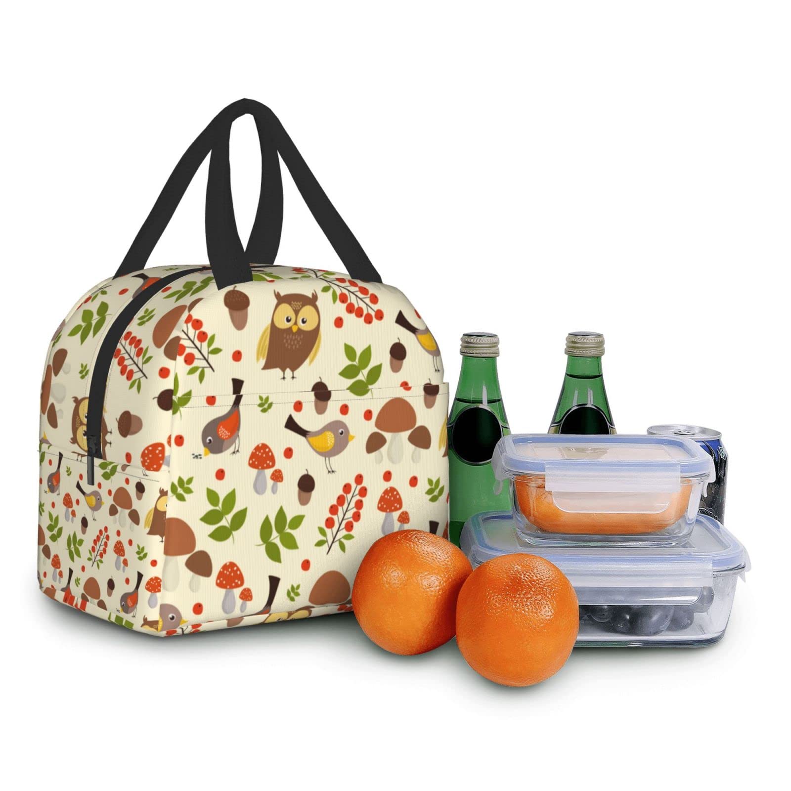 Owl and Mushroom Insulated Lunch Box - Reusable Thermal Lunch Bag for Women & Men - Perfect for Office, School, Camping, Hiking, Picnic, Beach & Travel - Keep Food Fresh Anywhere