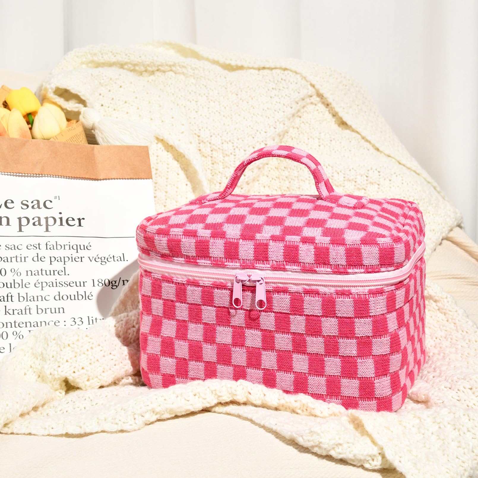 Quilted Makeup Bag for Women - Large Cute Cosmetic Organizer with Checkered Coquette Aesthetic, Perfect Travel Toiletry & Skincare Bag for Girls | Ideal for Travel, Gym, and Daily Beauty Essentials