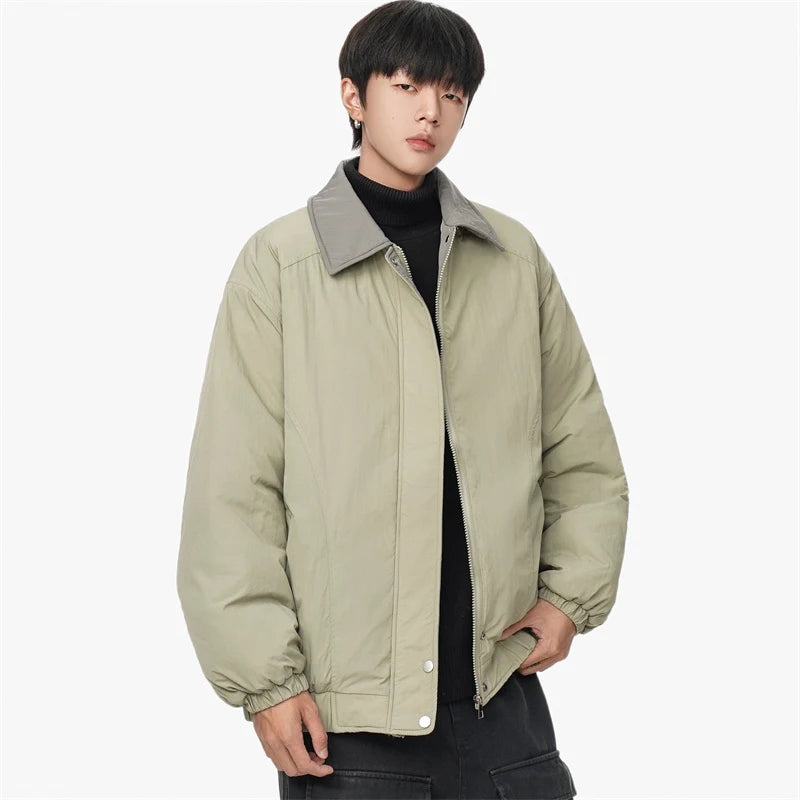 American Style Men's Padded Jacket with Turn-Down Collar, Contrast Color Zipper, Loose Fit Thick Short Coat for Winter - Casual Outdoor Wear, Street Fashion, and Daily Commuting (2024 Collection, Style 9C8546)