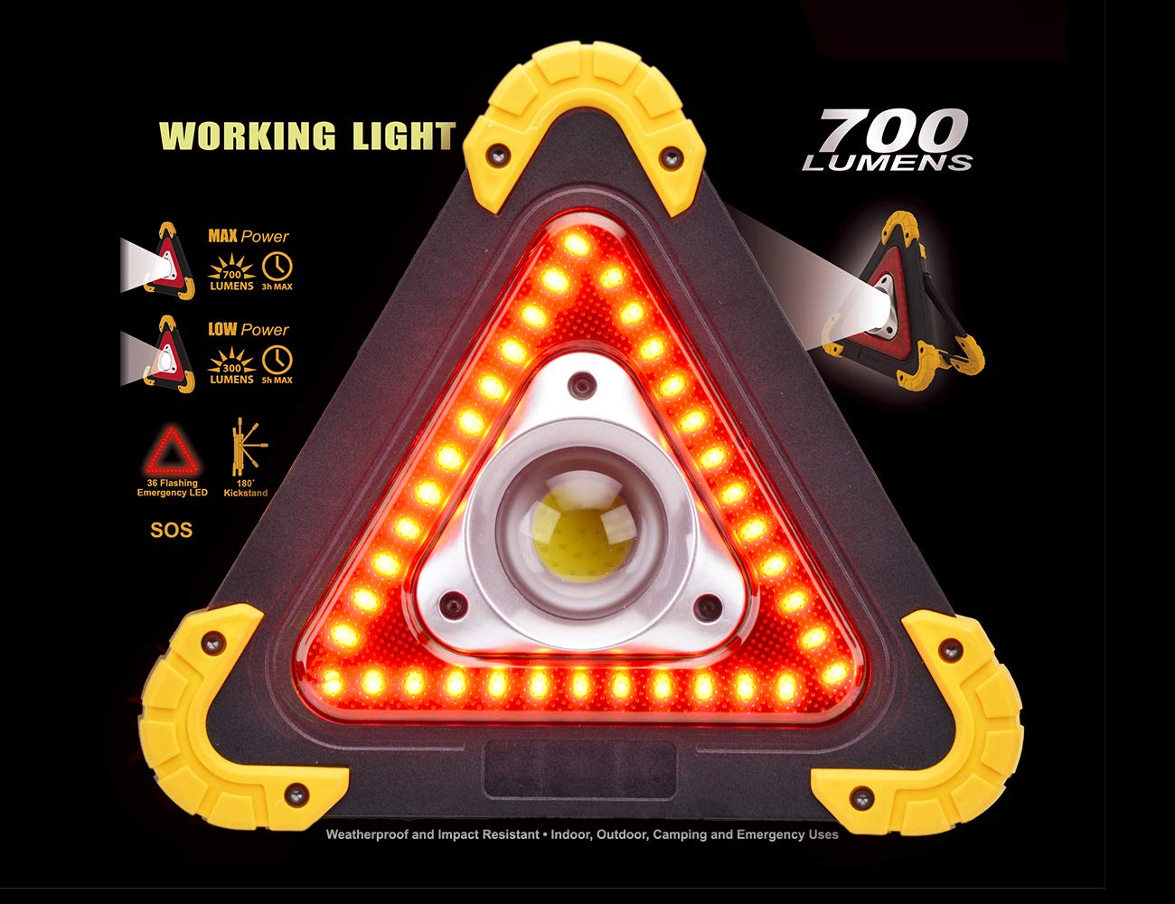 Triangle Emergency Warning Light - 700 LUMENS LED Flood Light, Portable Weatherproof Work Light for Camping, Hiking, Car Repair & Roadside Emergencies - Perfect for Outdoor Adventures & Vehicle Safety