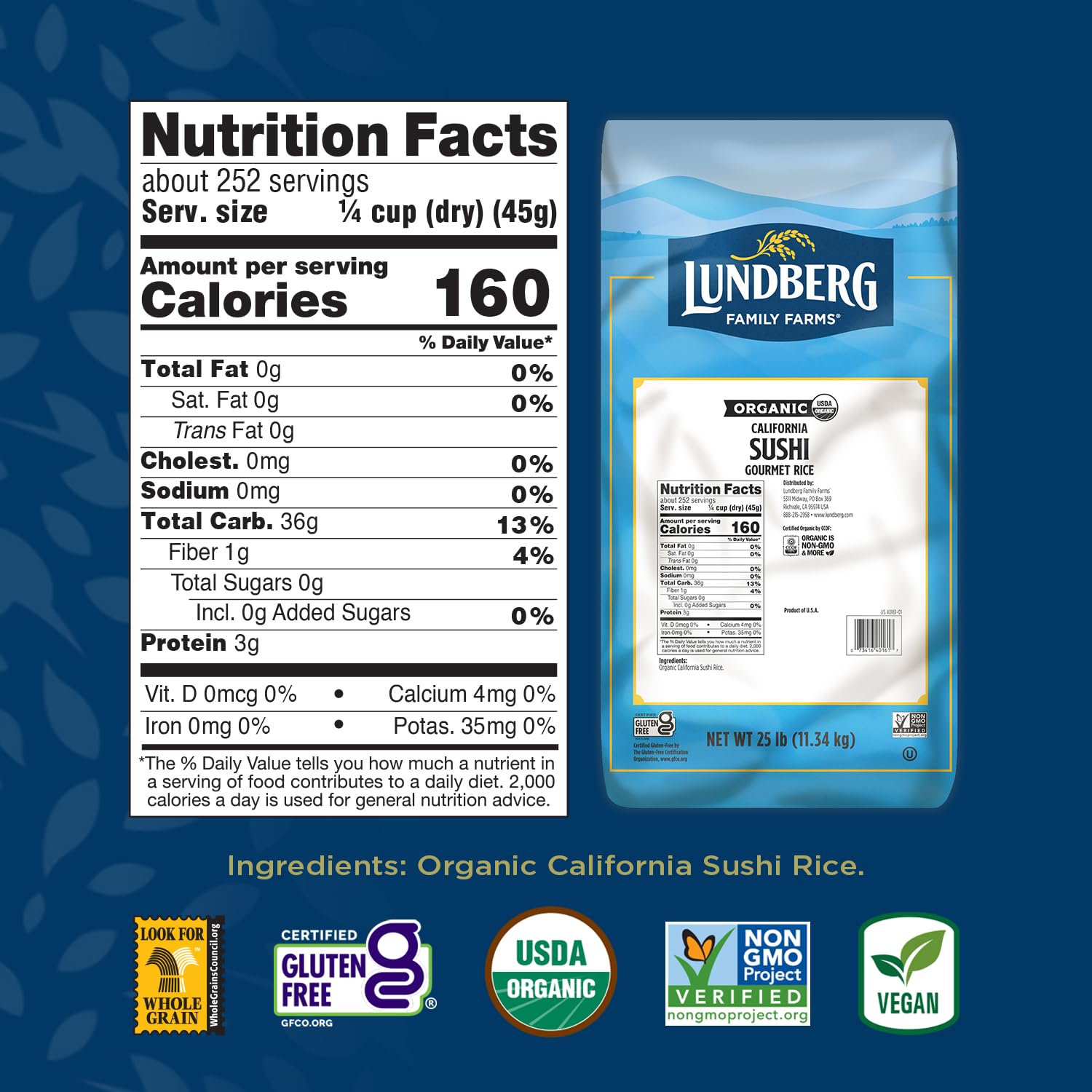 Organic Sushi Rice - Lundberg Sticky White Short Grain Japanese Rice, 25 lb Bulk Bag | Responsibly Grown in California | Perfect for Sushi, Onigiri & Asian Cooking