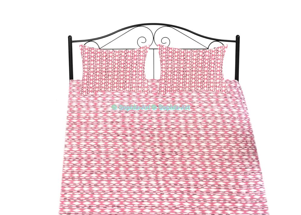Sophia-Art Handmade Bohemian Indian King/Twin Cotton Bedspread - Reversible Kantha Stitch Quilt with Sham Cover, Pink Diamond, 90x108 inches - Perfect for Boho Bedroom Decor, Guest Room Accent & Hippie Style Home
