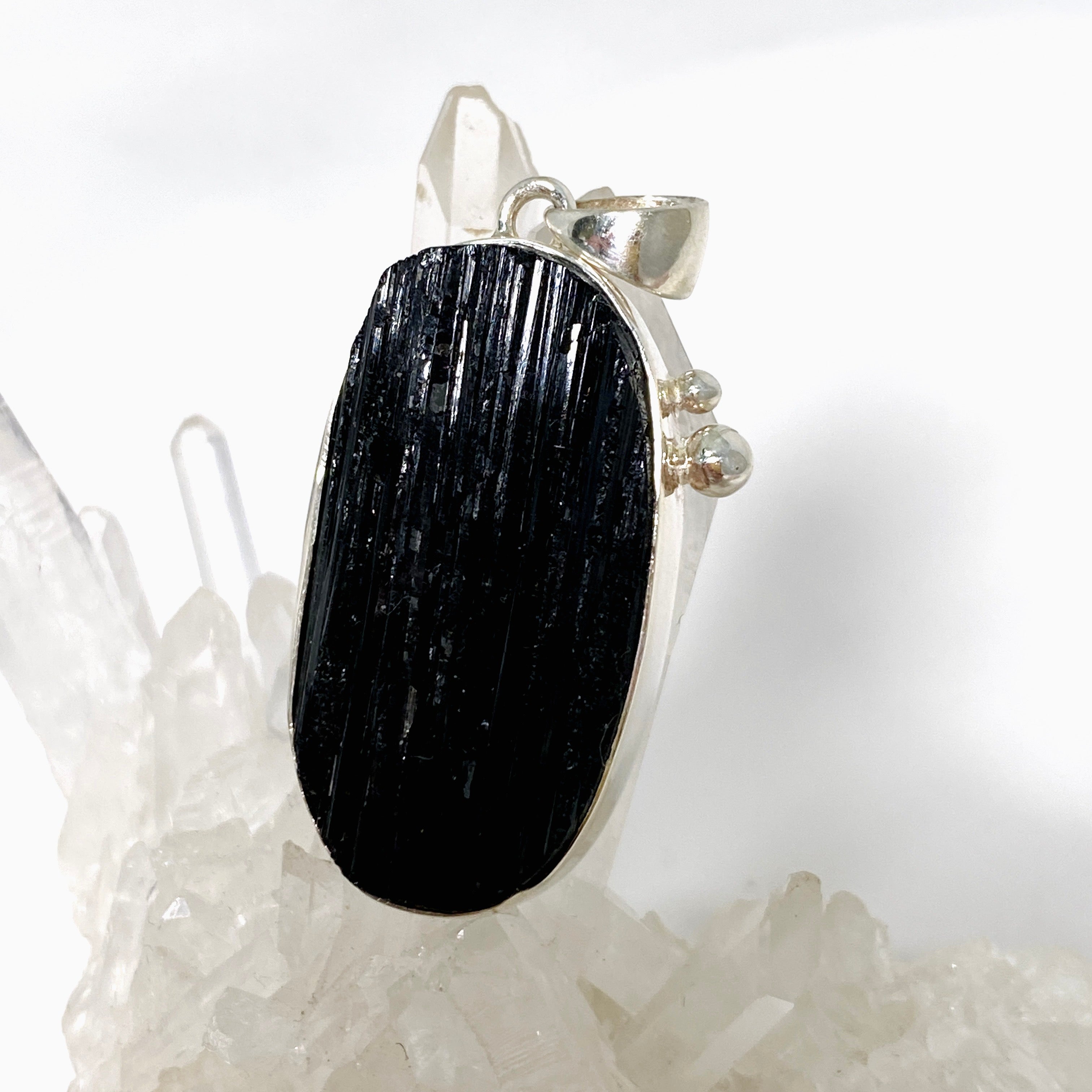 Black Tourmaline Oval Raw Pendant Necklace - Natural Healing Stone Jewelry with Decorative Setting KPGJ4597 | Spiritual Protection & Energy Cleansing