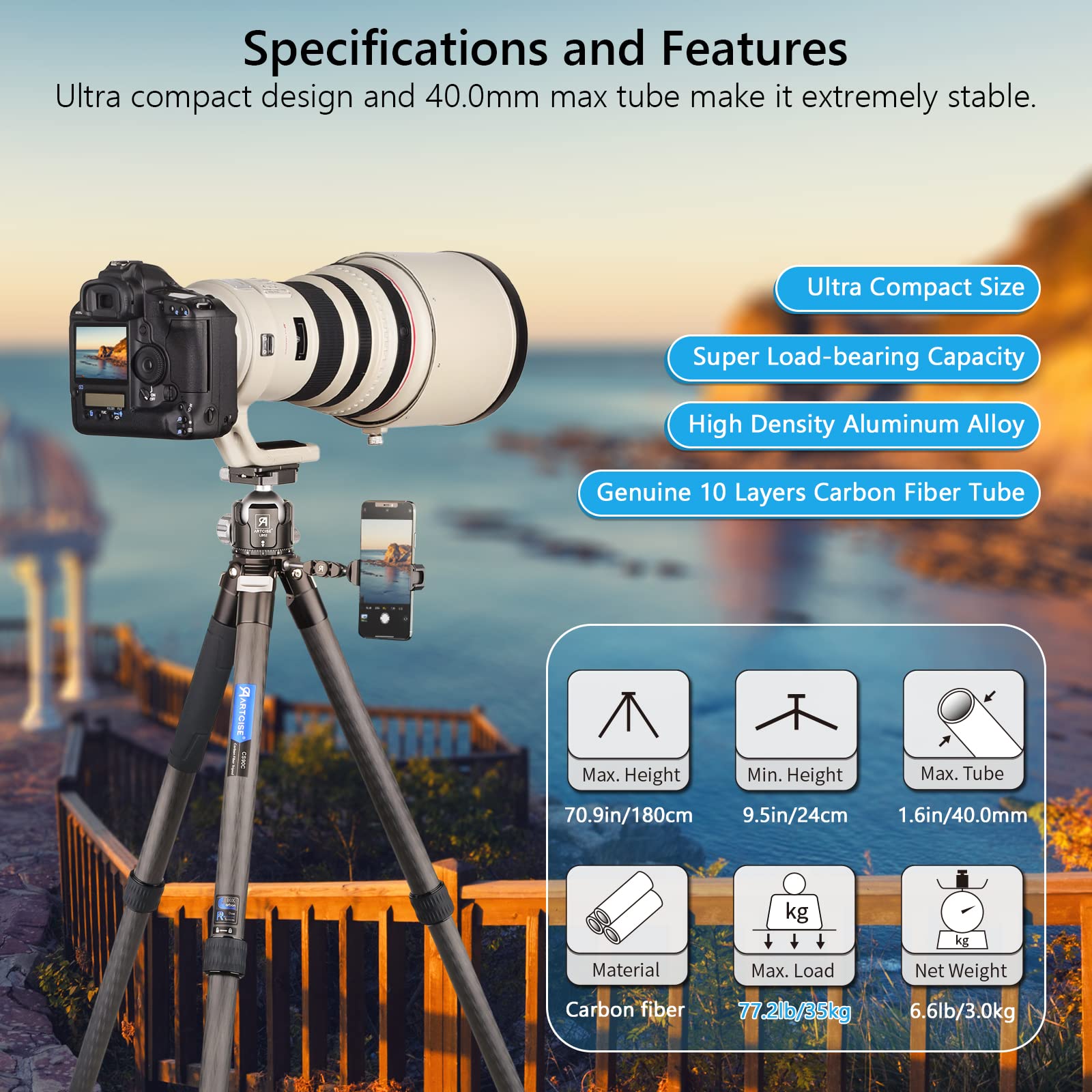 40mm Lightweight Compact Carbon Fiber Tripod with 52mm Low Profile Ball Head - Heavy Duty 10-Layer Carbon Travel Camera Stand, Detachable Monopod - Includes Stone Bag, Magic Arm & Phone Clip (Max Load 30kg) - Perfect for Travel Photography, Vlogging, and Outdoor Adventures