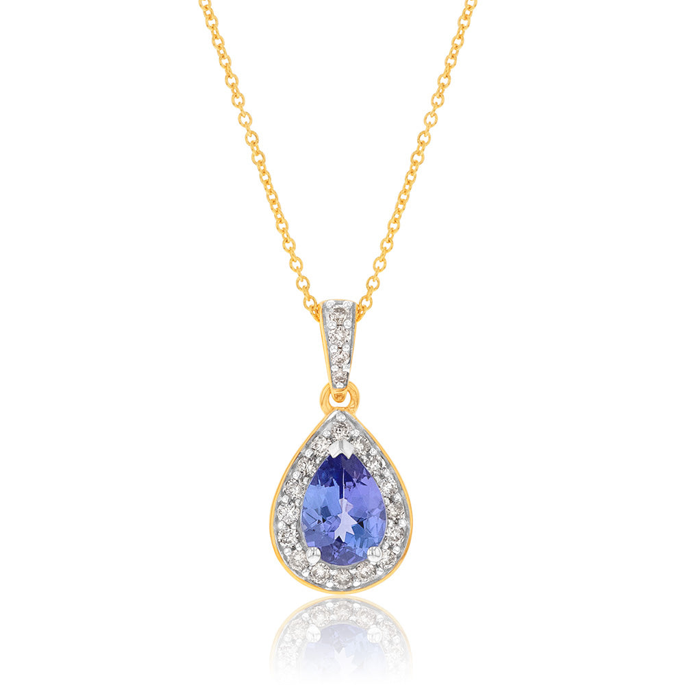 9ct Yellow Gold Tanzanite and Diamond Pear Pendant Necklace - 0.75ct Tanzanite & 0.15ct Diamond on 45cm Chain - Perfect for Anniversary Gifts & Special Occasions